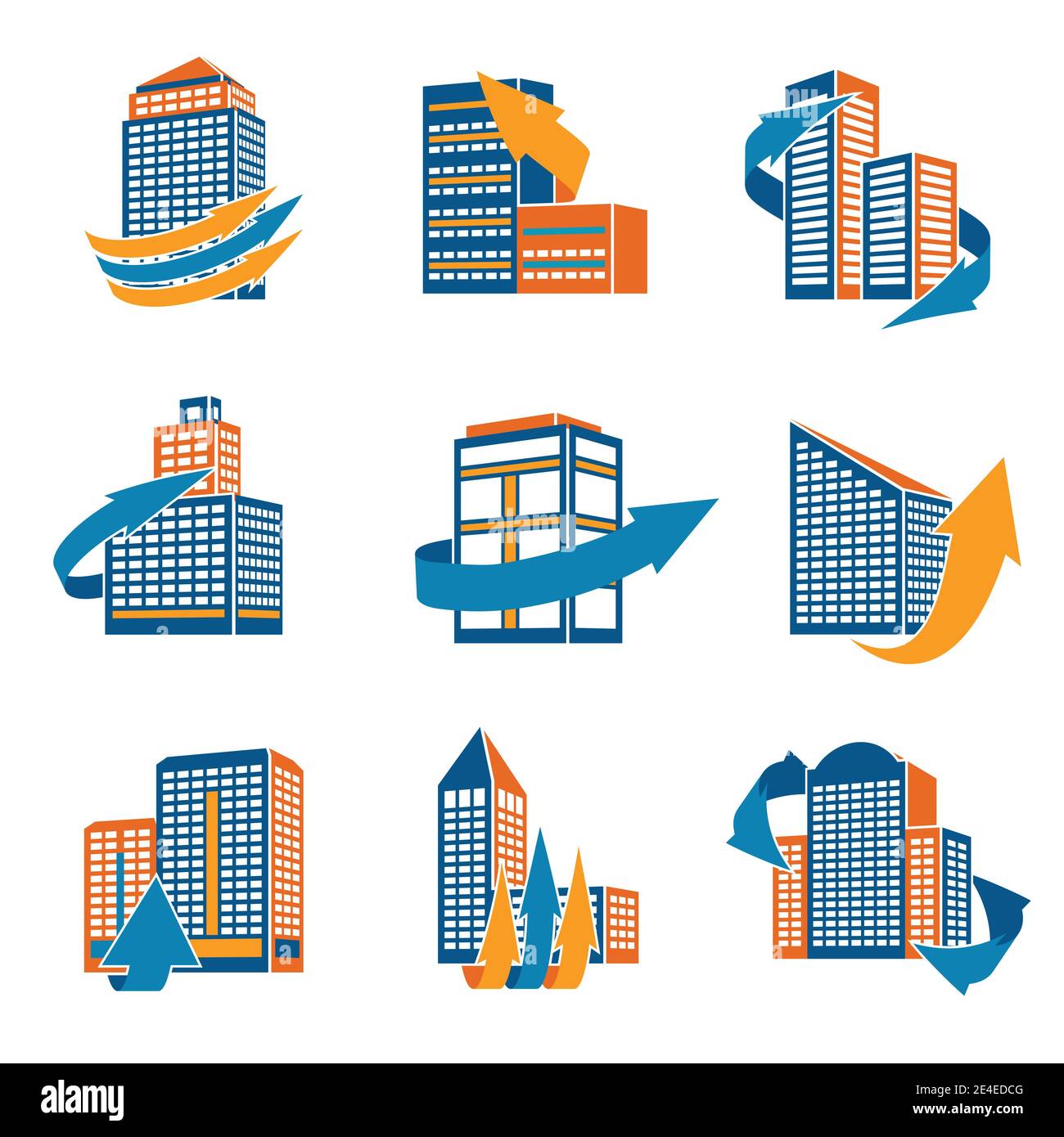 Business modern urban office buildings with arrows icons isolated ...