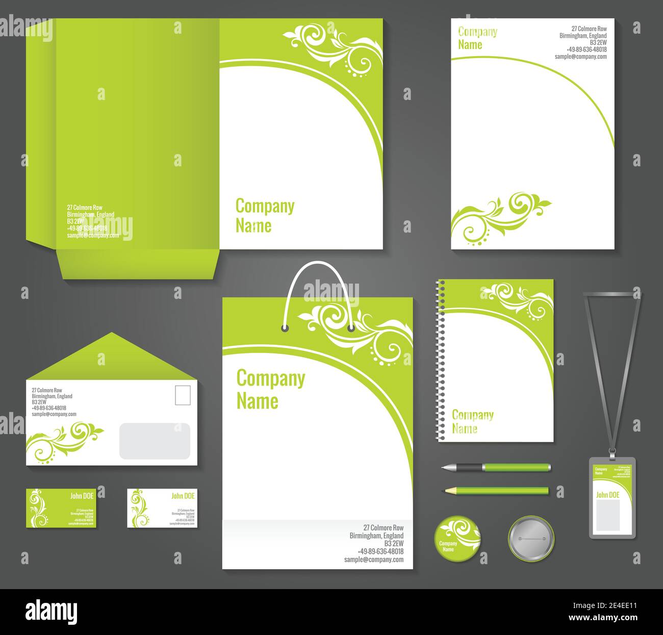 Green floral wavy business stationery template for corporate identity ...