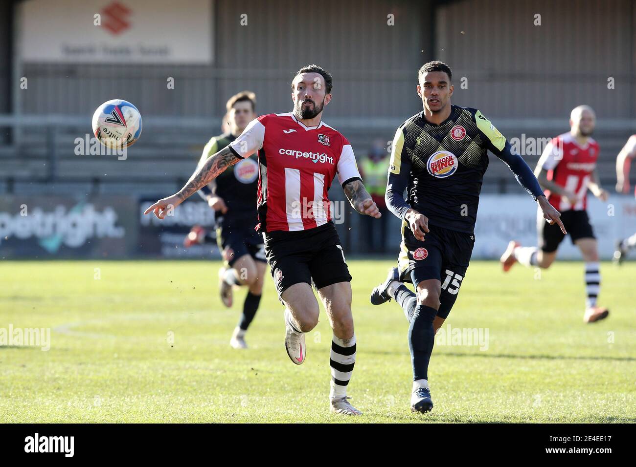 Exeter, UK. 23rd Jan, 2021. Ryan Bowman of Exeter City and Terence Vancooten of Stevenage during the Sky Bet League 2 behind closed doors match between Exeter City and Stevenage at St James' Park, Exeter, England on 23 January 2021. Photo by Dave Peters/PRiME Media Images. Credit: PRiME Media Images/Alamy Live News Stock Photo