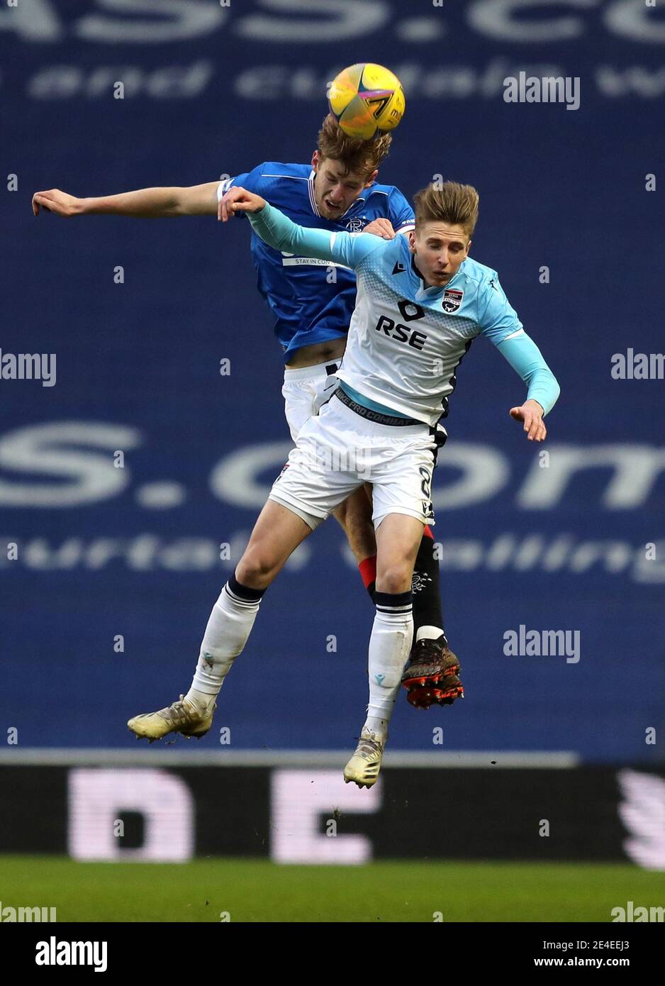 Ross County's Oliver Shaw (right) and Rangers' Filip Helander battle for the ball during the Scottish Premiership match at Ibrox Stadium, Glasgow. Picture date: Saturday January 23, 2021. Stock Photo