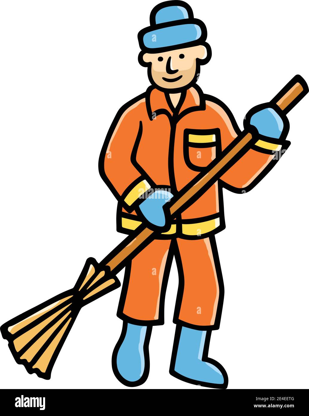 Happy smiling yardman (sweeper) character sweeping the yard. Vector flat cartoon illustration Stock Vector