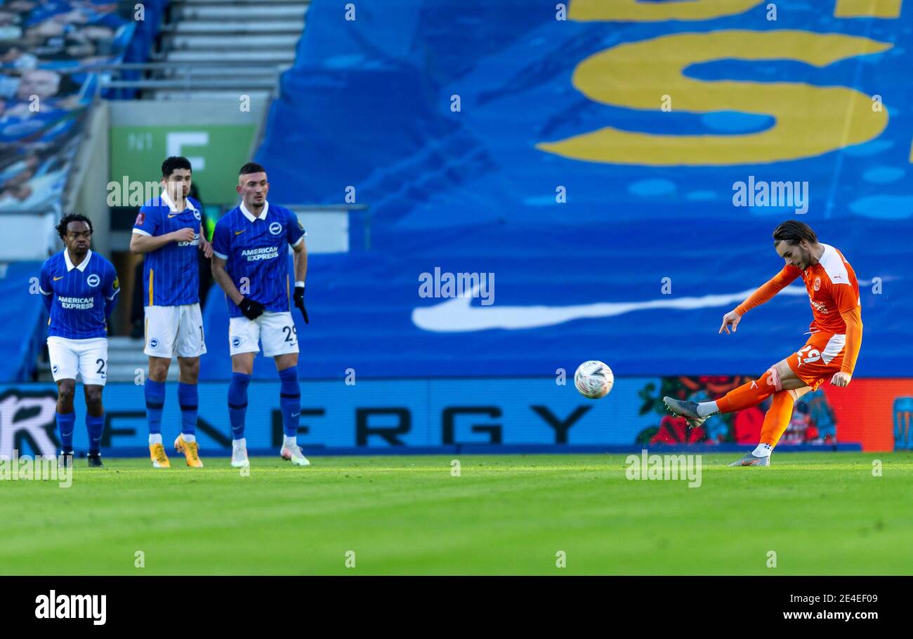 Brighton And Hove, UK. 23rd Jan, 2021. Luke Garbutt of Blackpool with a free-kick during the FA Cup 4th round match between Brighton and Hove Albion and Blackpool, the match was behind closed doors without supporters due to the current COVID-19 pandemic government lockdown at AMEX Stadium, Brighton and Hove, England on 23 January 2021. Photo by Liam McAvoy. Credit: PRiME Media Images/Alamy Live News Stock Photo