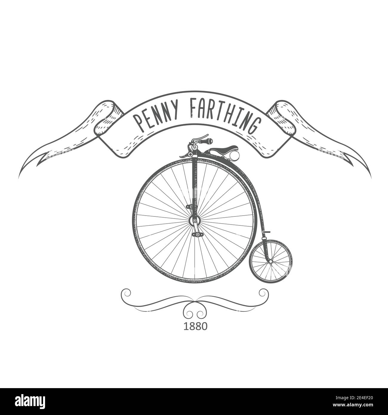 Penny-farthing bicycle vintage emblem, retro bike with large front wheel of 1890s, vector Stock Vector