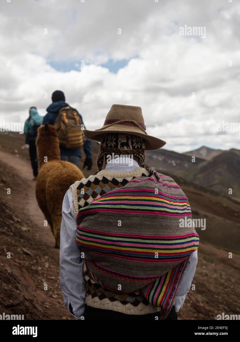 Peruvian man in traditional andean indigenous clothes hiking with alpaca at Cordillera de Arcoiris colorful Palccoyo rainbow mountain Palcoyo Cuzco Pe Stock Photo