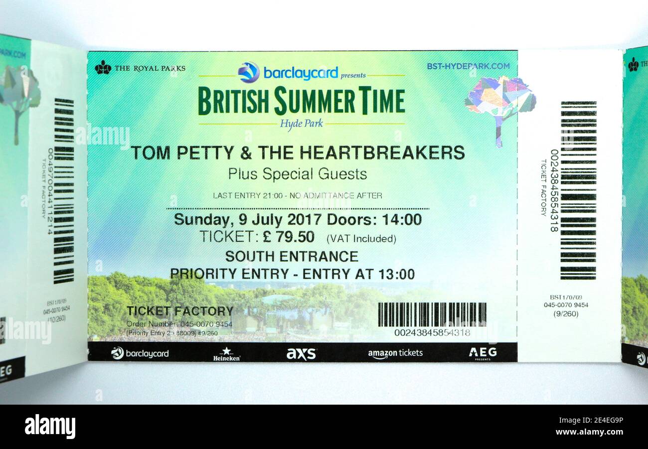 Entrance Ticket for Tom Petty & The Heartbreakers in Hyde Park Sunday 9th July 2017 London England UK Stock Photo