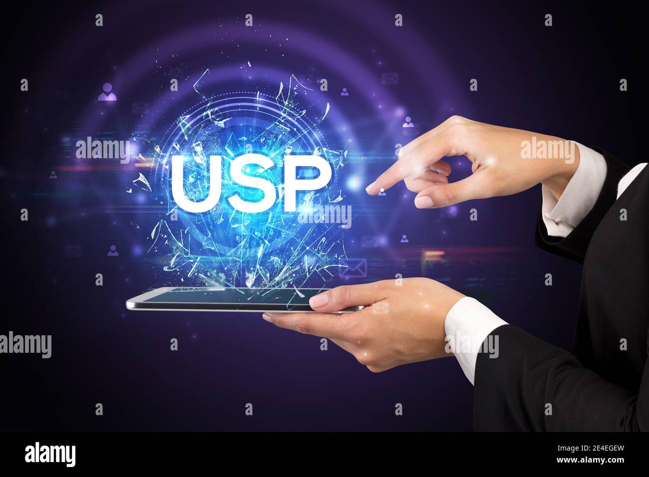 Close-up of a touchscreen with USP abbreviation, modern technology ...