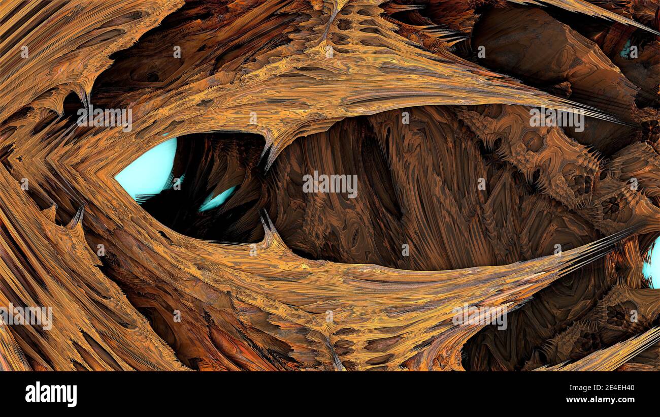 Cave with tree trunks on the surface of an alien planet. 3d fractal graphic, part of a huge fractal, calculated with Mandelbulp 3D program Stock Photo