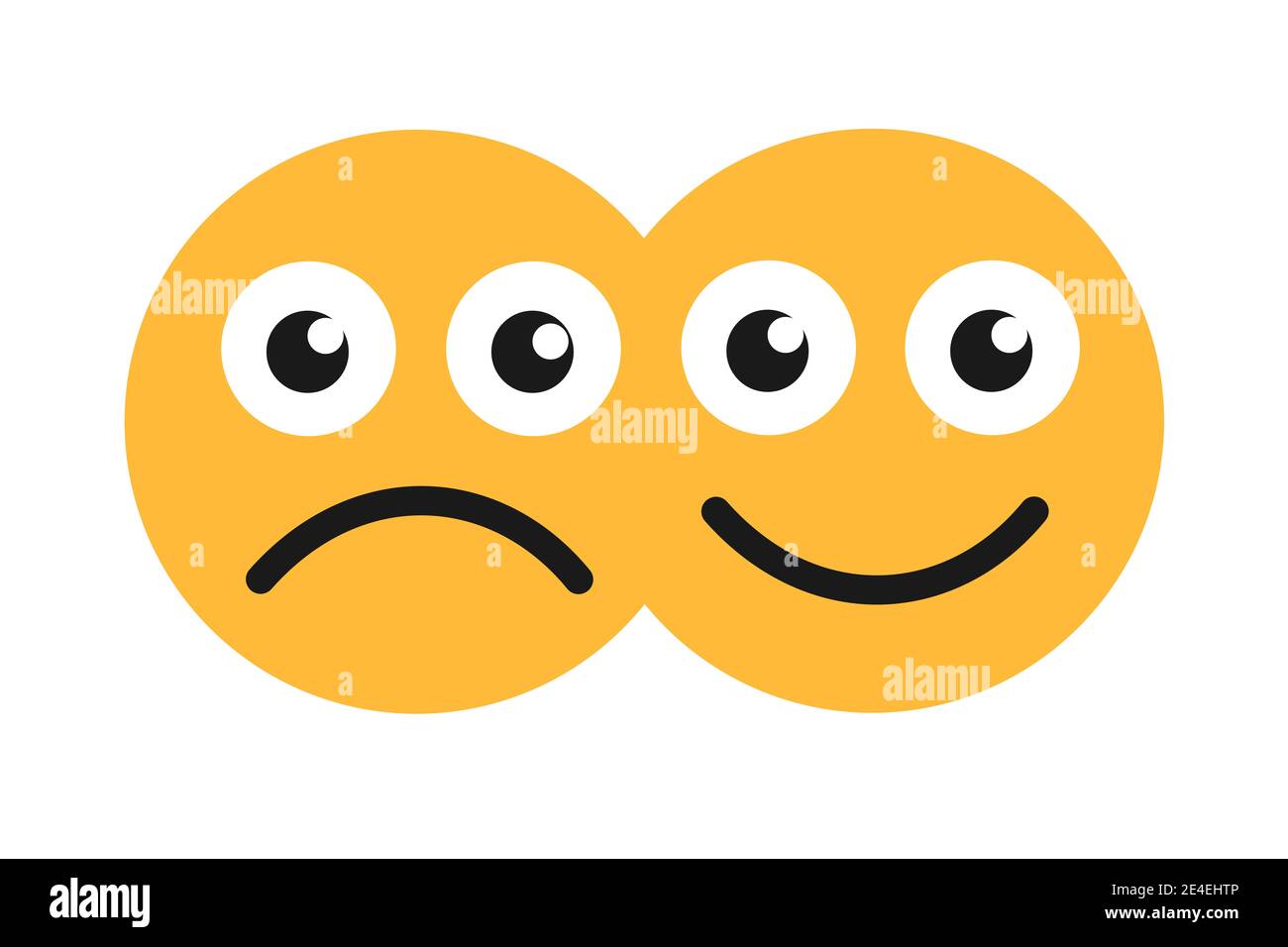 Bipolar disorder and schizophrenia - one person has positive happy and negative sad mood and emotion. Emotional and personal mental bipolarity. Vector Stock Photo