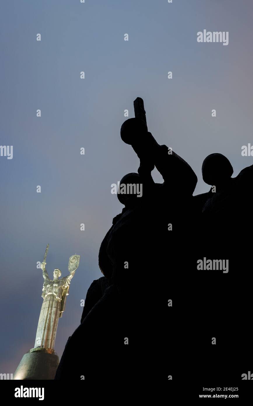 Silhouette of the Motherland Monument in Ukrainian State Museum of the Great Patriotic War in Kyiv, Ukraine Stock Photo