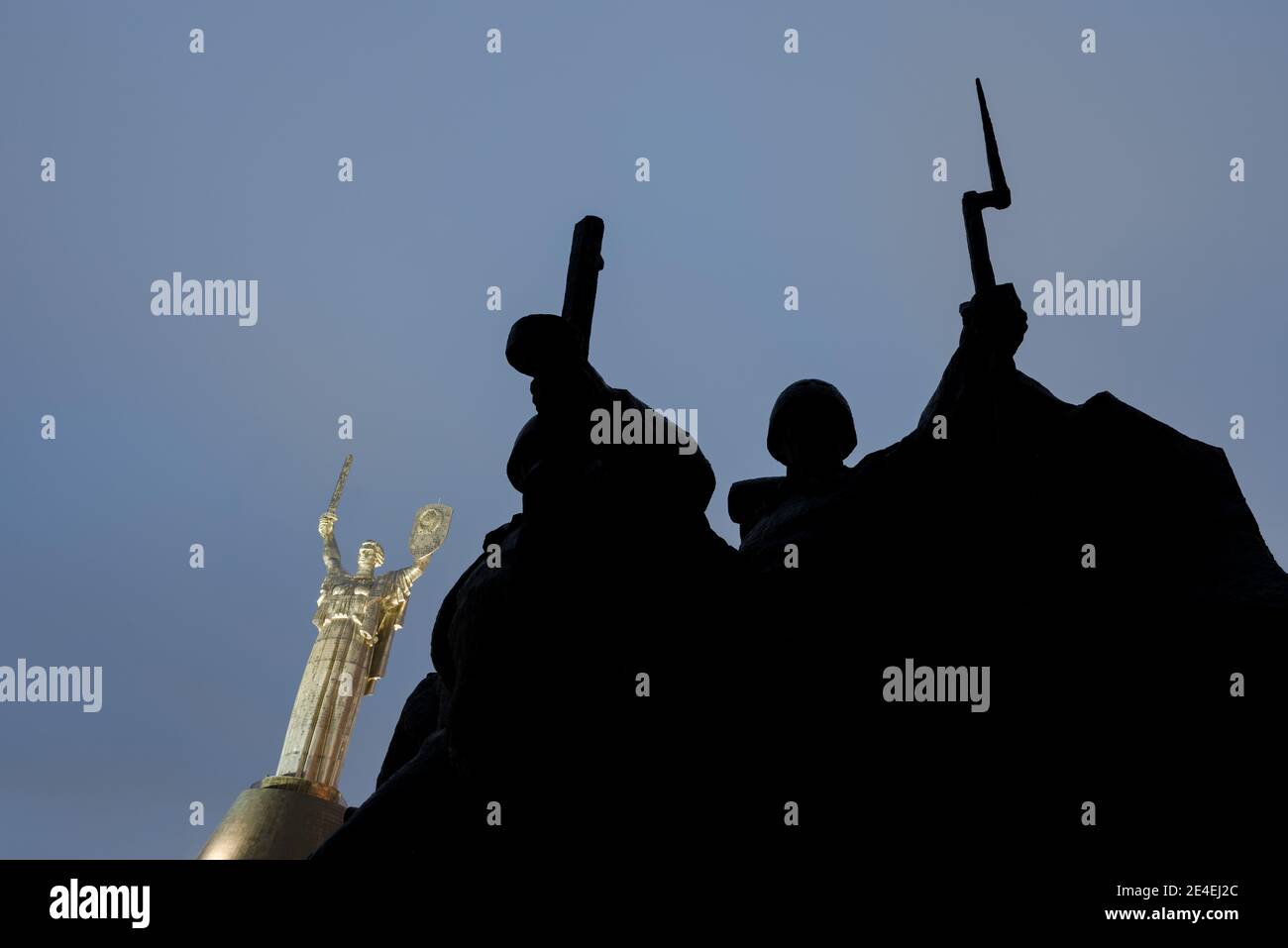 Silhouette of the Motherland Monument in Ukrainian State Museum of the Great Patriotic War in Kyiv, Ukraine Stock Photo