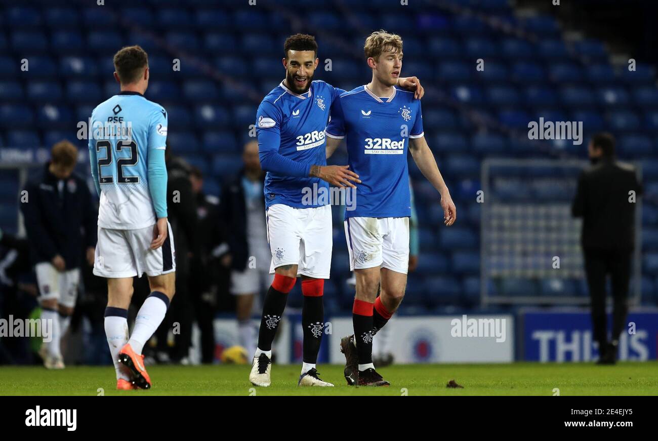Rangers' Connor Goldson (left) and Filip Helander celebrate after the Scottish Premiership match at Ibrox Stadium, Glasgow. Picture date: Saturday January 23, 2021. Stock Photo