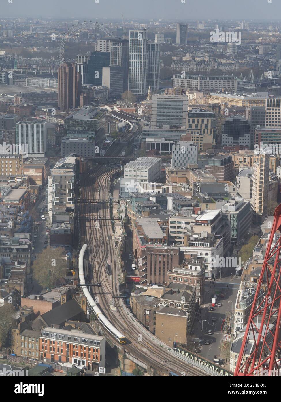 aerial view looking down on London city towards Waterloo East railway station Stock Photo