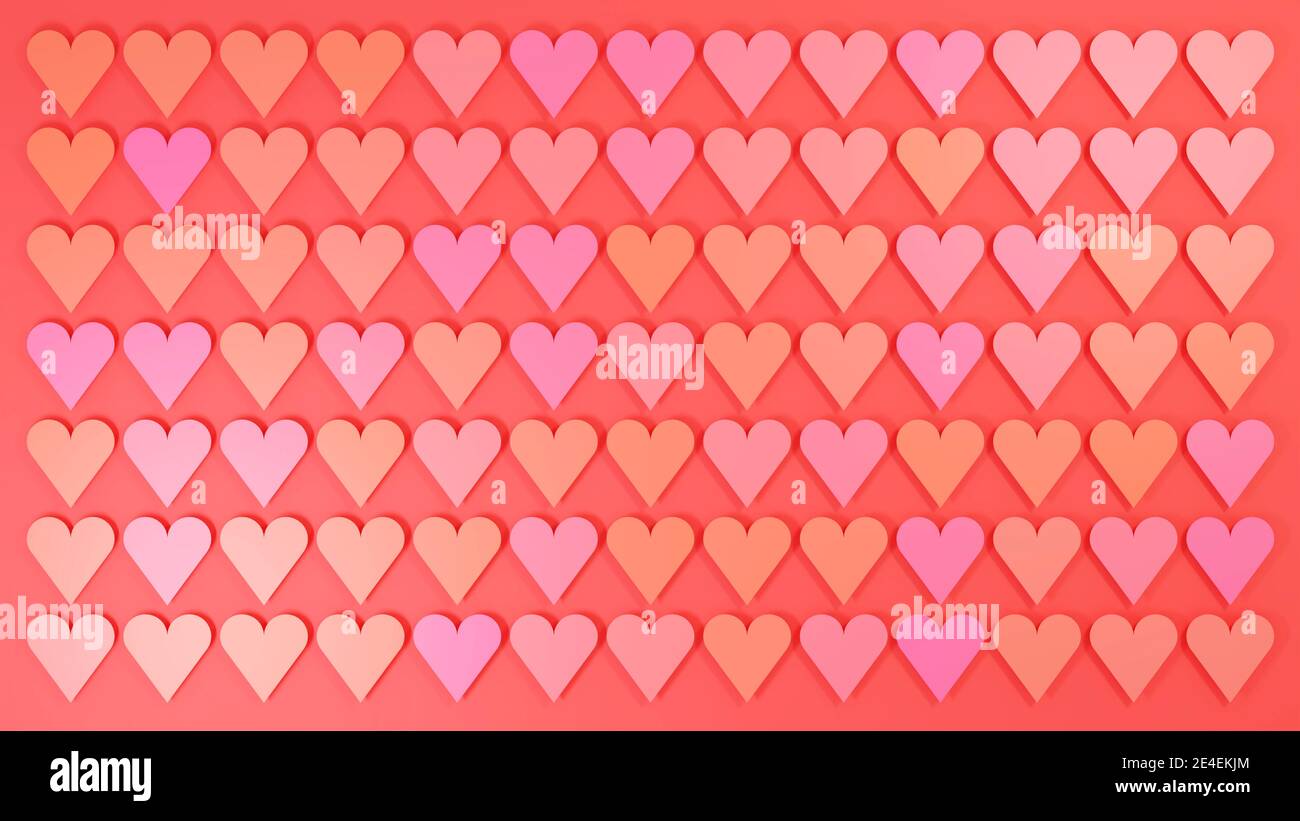 Red and pink hearts in a repeating pattern against red background with subtle shadow. Digital render. Stock Photo