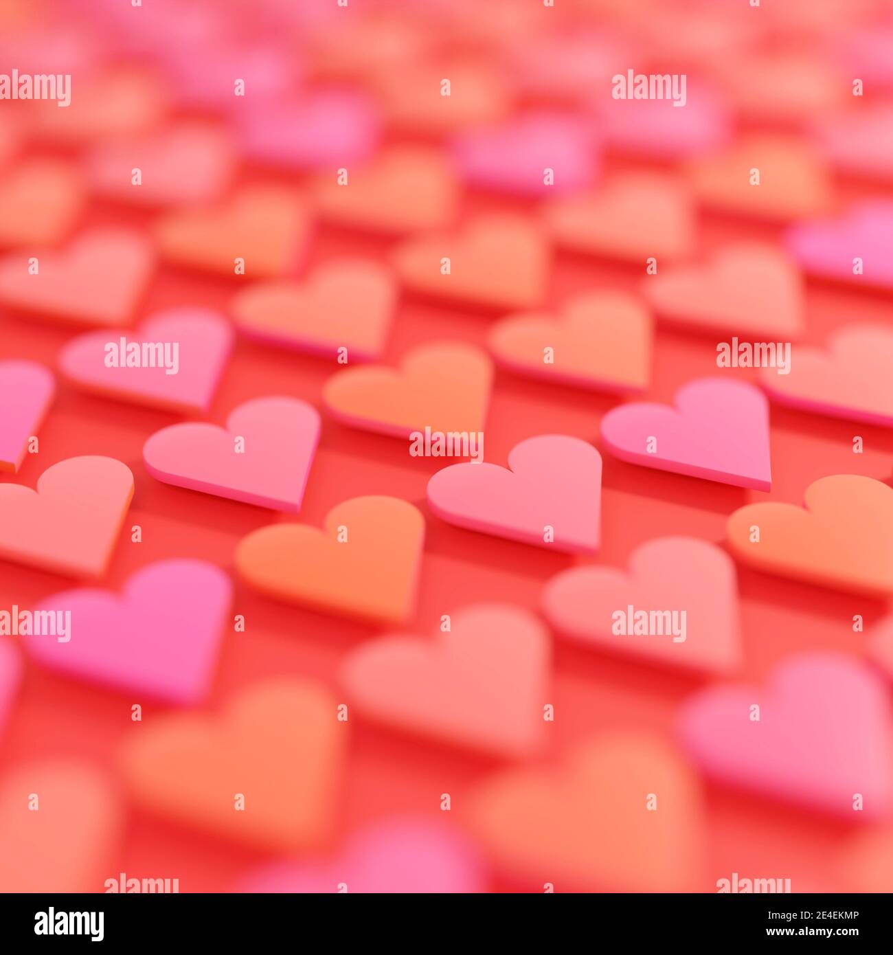Red and pink hearts in a repeating pattern on red  background with subtle shadows. Digital render. Stock Photo