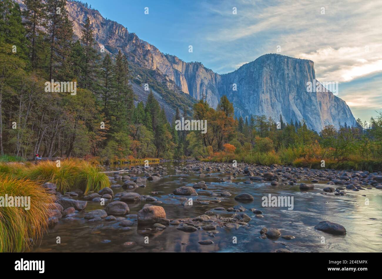 Iconic view of the El Capitan by the Merced River in late autumn, Yosemite National Park, California, USA, at sunrise. Stock Photo