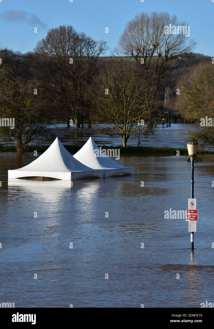 Pavilion tents up to their necks in flood water after the River Severn bursts its banks in the town of Stourport-on-Severn, Worcestershire, England. Stock Photo
