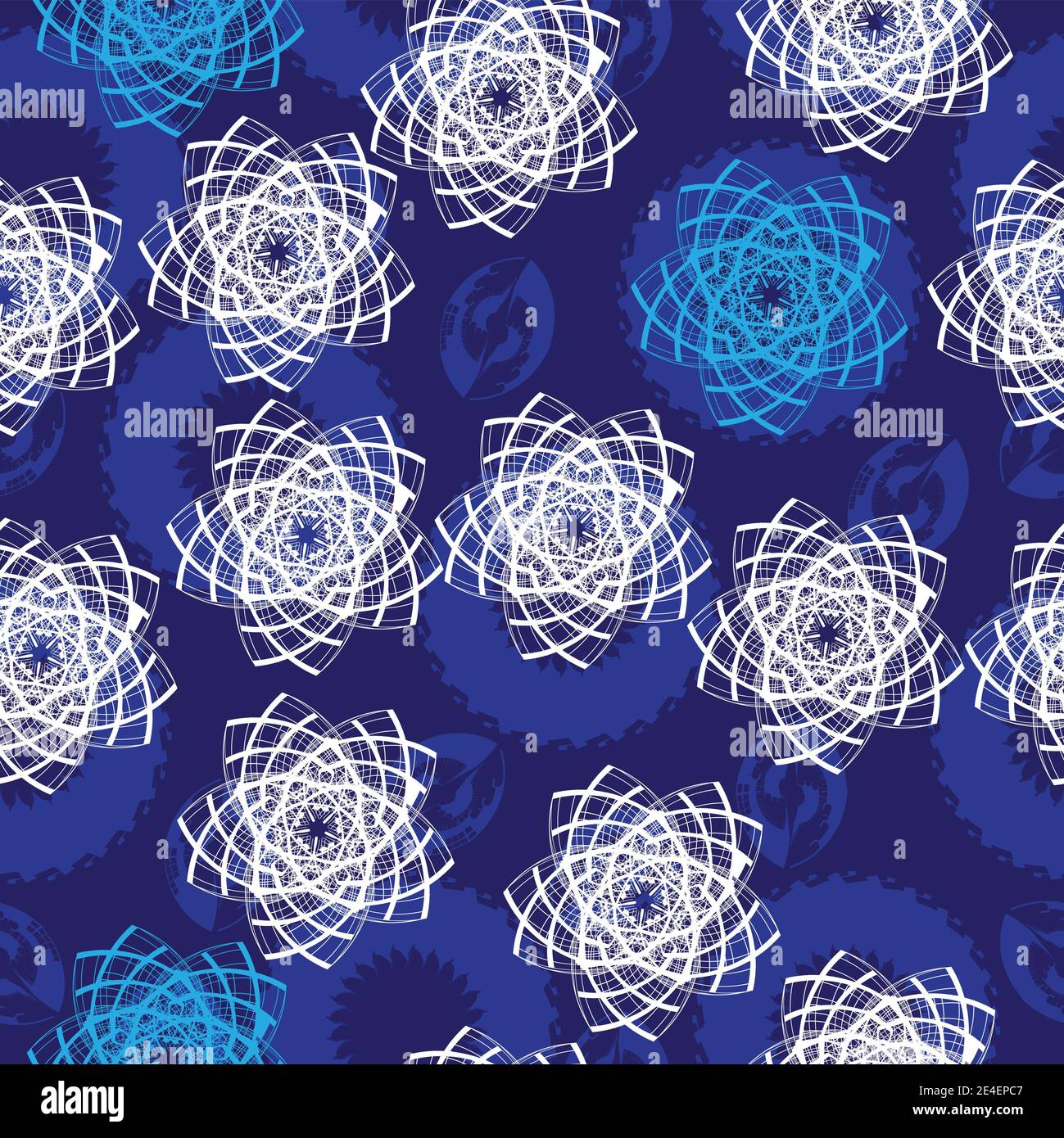Seamless pattern with blue abstract shapes and white abstract stars ...