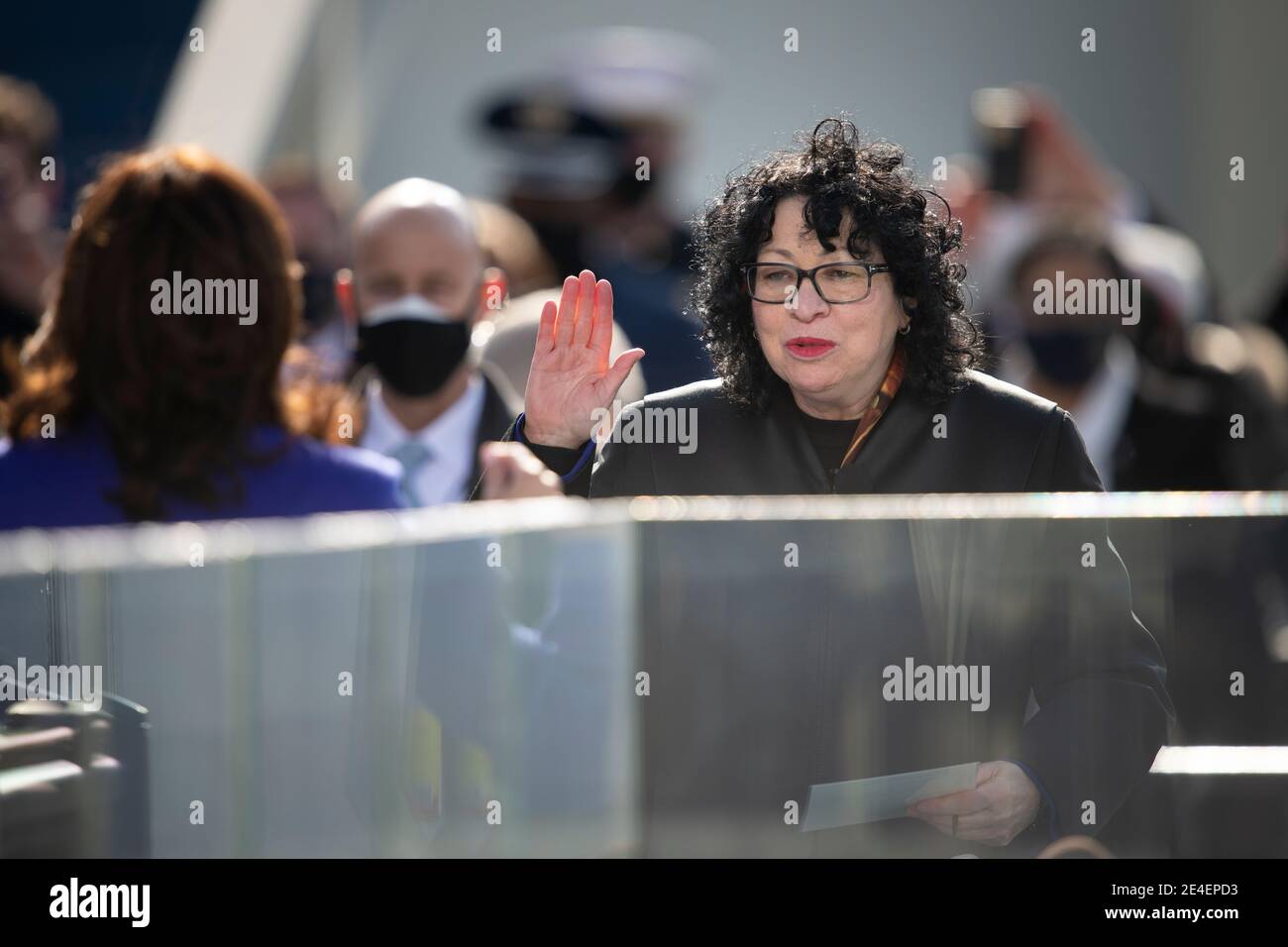 Washington, United States Of America. 20th Jan, 2021. U.S. Supreme Court Justice Sonia Sotomayor administers the oath of office to Vice President Kamala Harris during the 59th Presidential Inauguration ceremony at the West Front of the U.S. Capitol January 20, 2021 in Washington, DC Credit: Planetpix/Alamy Live News Stock Photo
