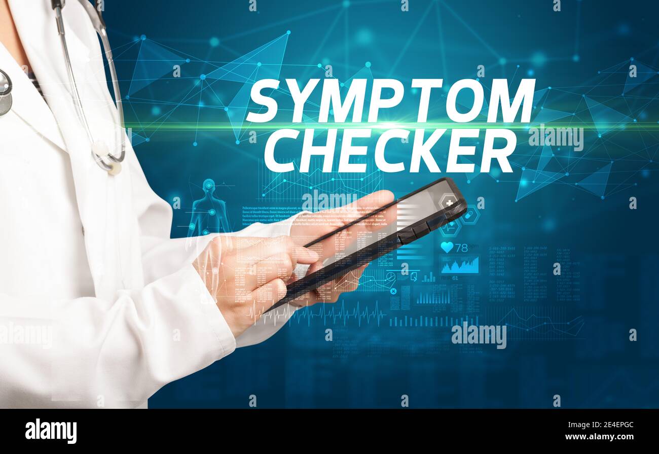 doctor writes notes on the clipboard with SYMPTOM CHECKER inscription