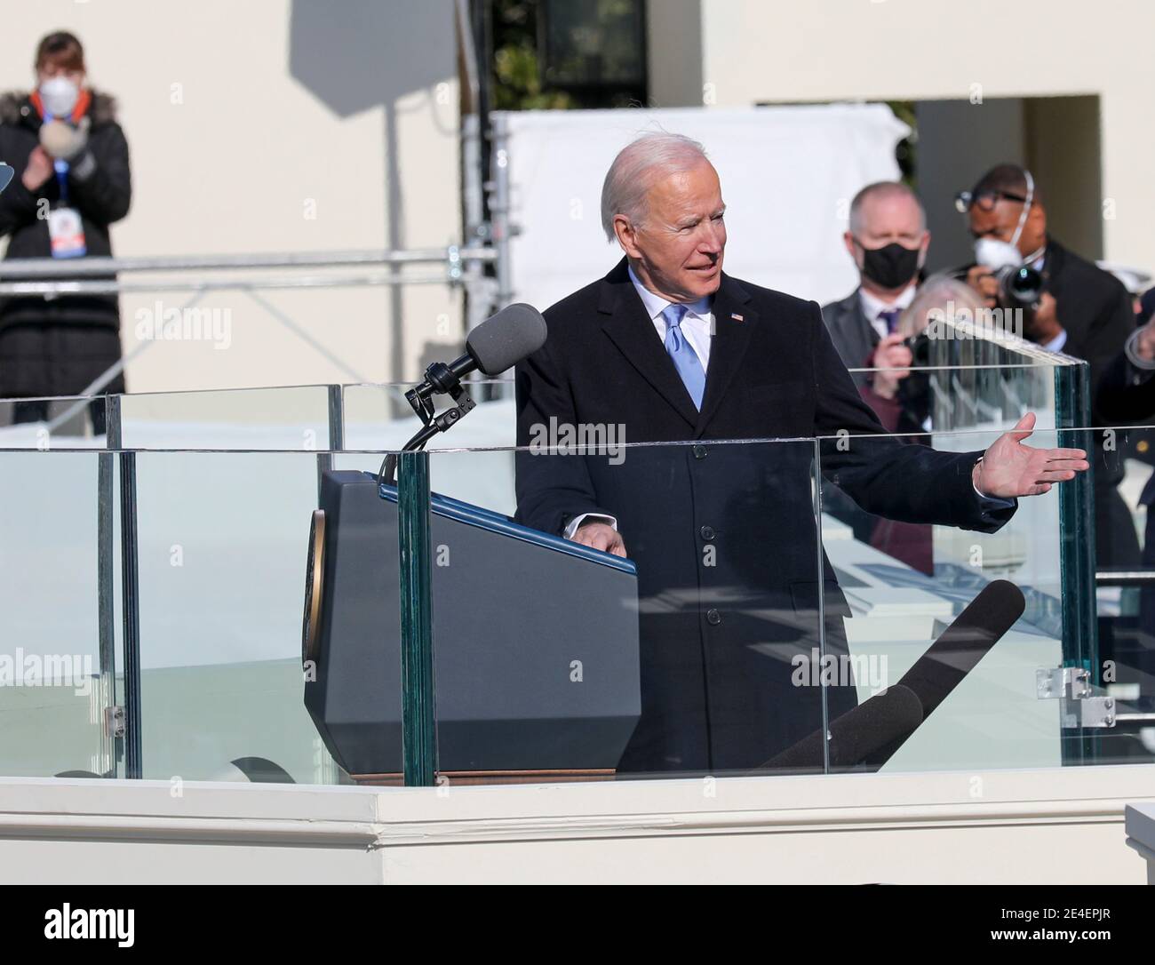 Washington, United States Of America. 20th Jan, 2021. U.S President Joe Biden delivers the inaugural address during the 59th Presidential Inauguration ceremony at the West Front of the U.S. Capitol January 20, 2021 in Washington, DC Credit: Planetpix/Alamy Live News Stock Photo