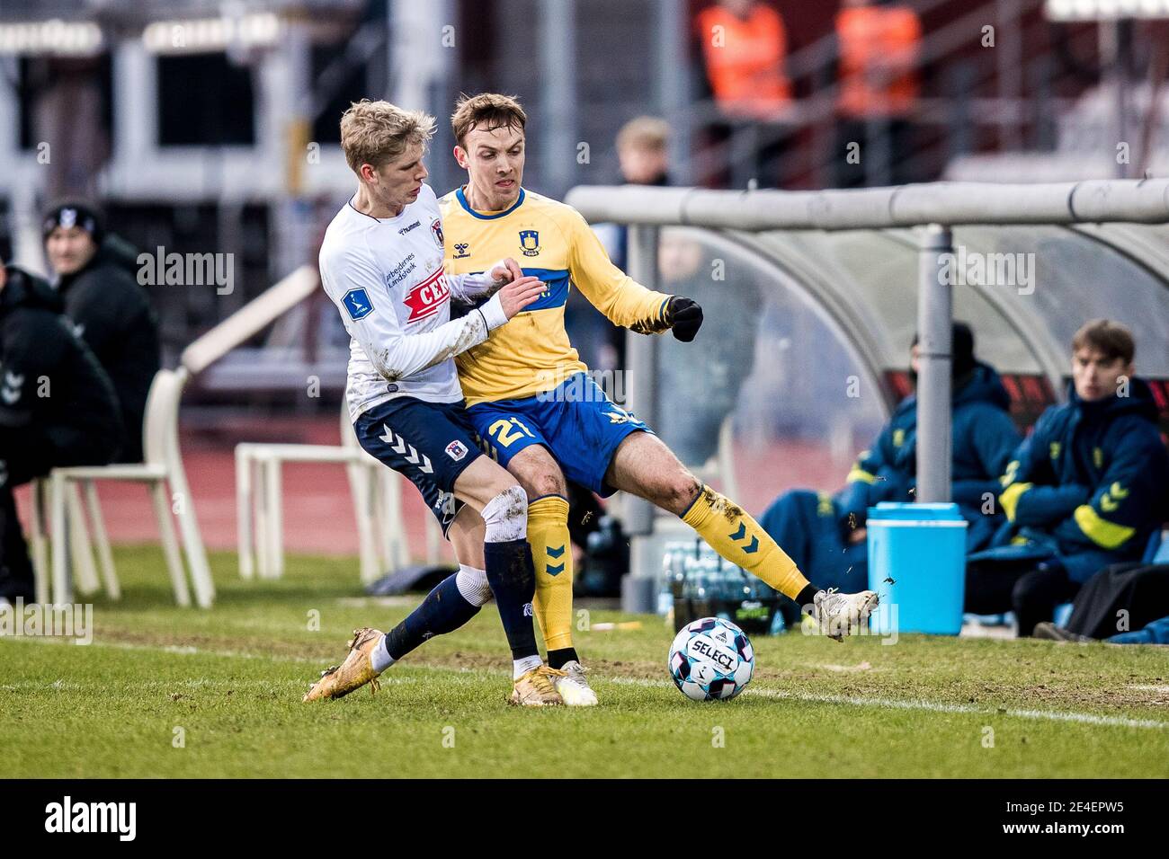 Aarhus, Denmark. 23rd Jan, 2021. Lasse Vigen Christensen (21) of Broendby IF and Albert Erlykke of AGF seen during a test match between Aarhus GF and Broendby IF at Ceres Park in Aarhus. (Photo Credit: Gonzales Photo/Alamy Live News Stock Photo