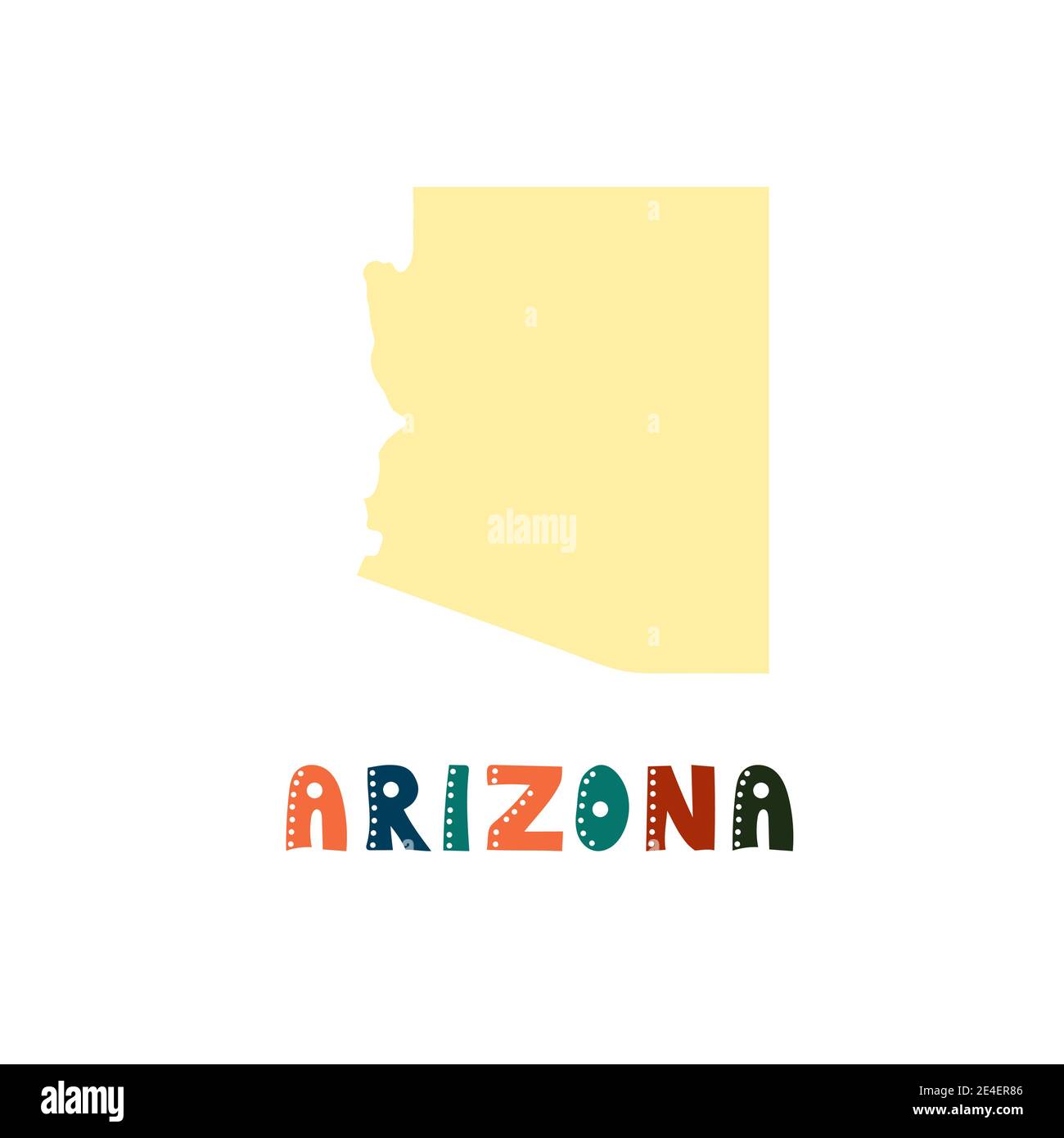 USA collection. Map of Arizona - yellow silhouette. Doodling style lettering Stock Vector
