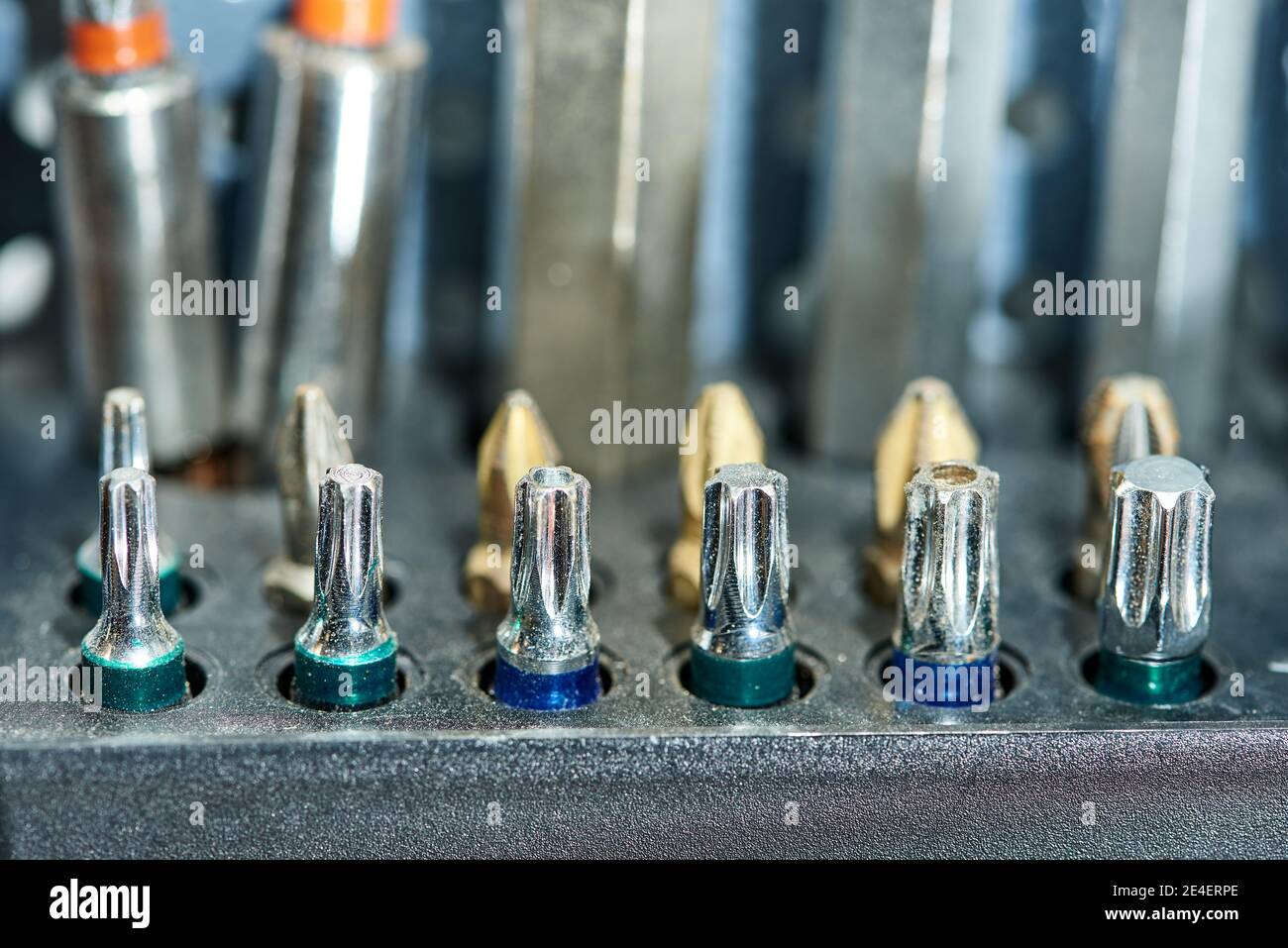 Close up of a set of different types of screwdriver bits Stock Photo