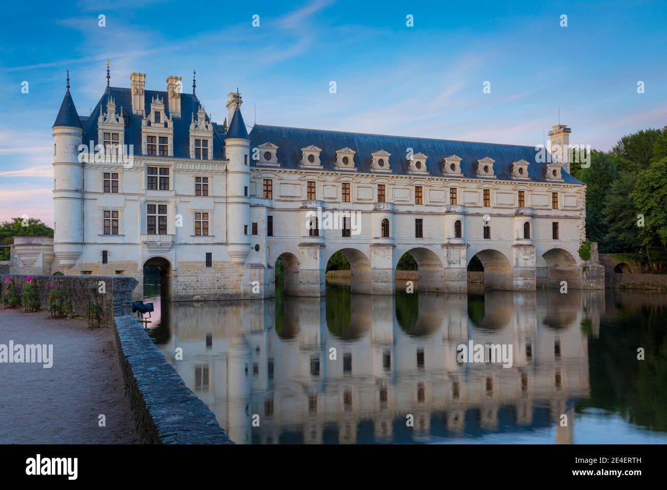 Evening at Chateau de Chenonceau on River Cher, Indrie-et-Loire,Centre,France Stock Photo