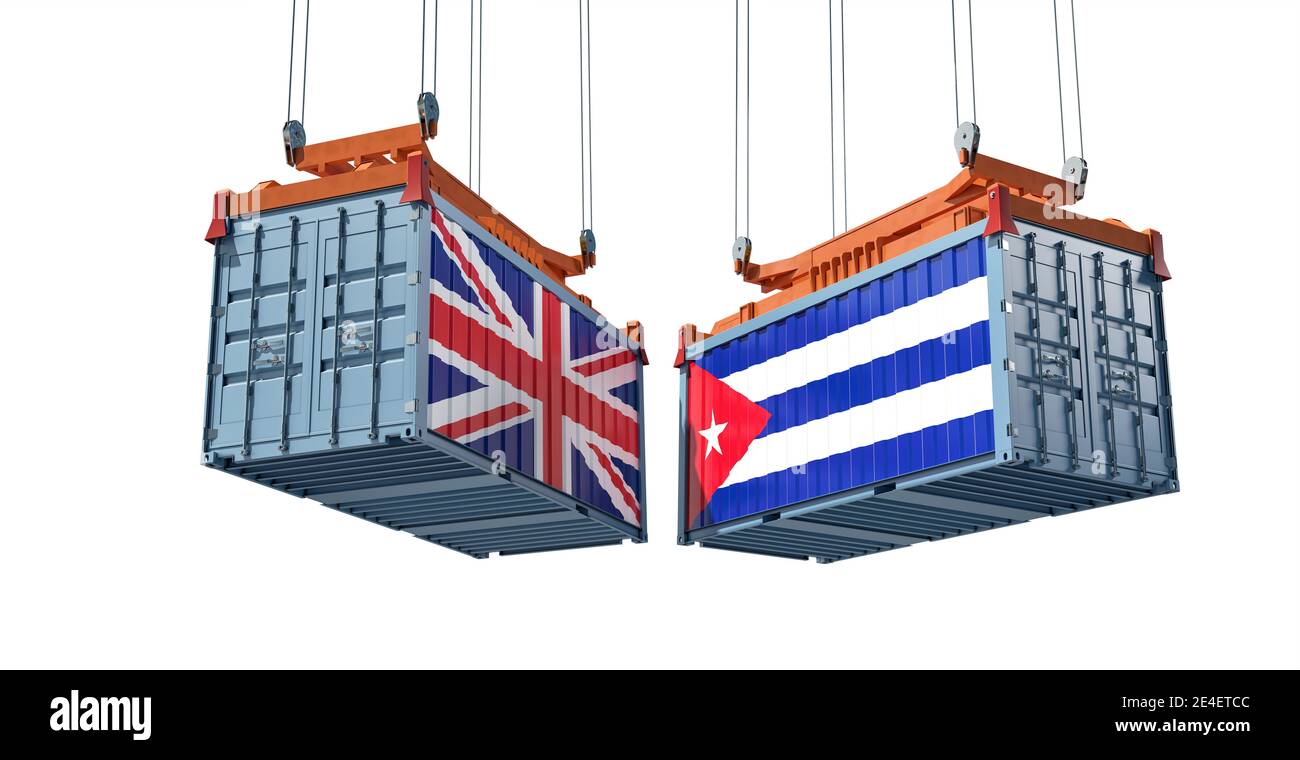 Freight containers with United Kingdom and Cuba flag. 3D Rendering Stock Photo