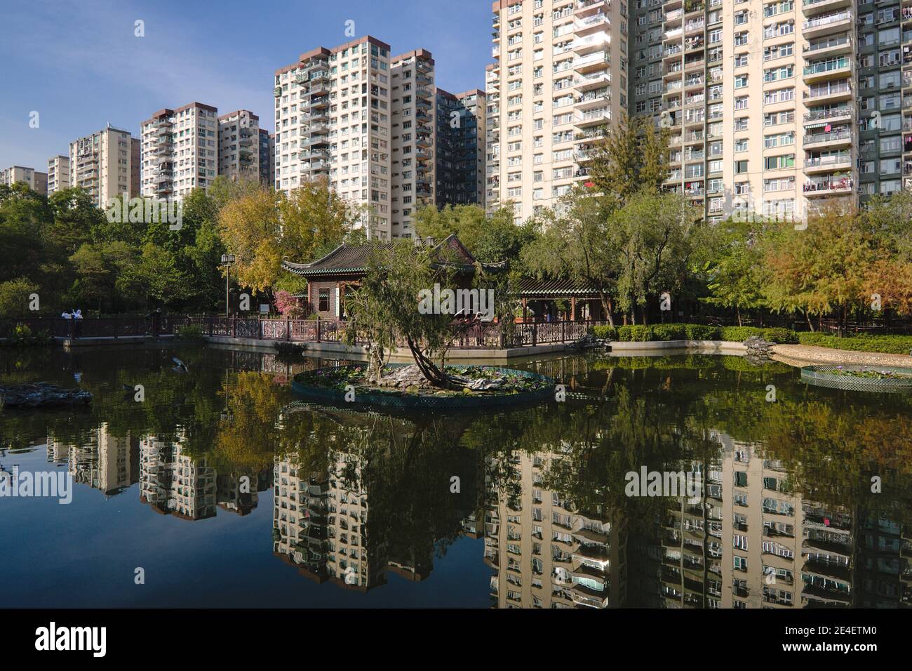 Mei Foo, Hong Kong - 21 Dec 2020: Lingnan Garden - a Chinese-style architecture park next to Mei Foo Sun Chuen Stock Photo