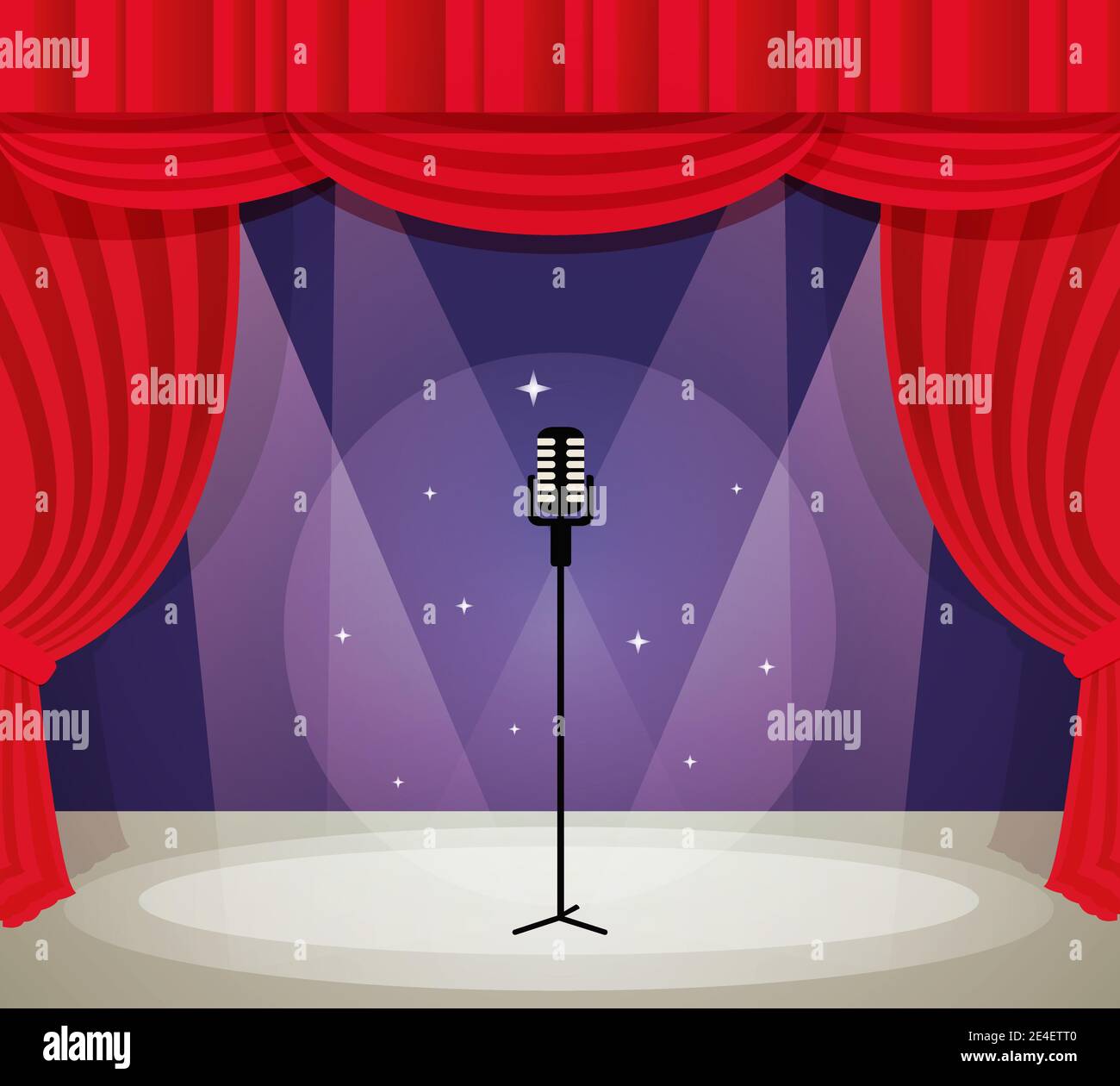Stage with microphone in spotlight with red curtain background vector illustration. Stock Vector