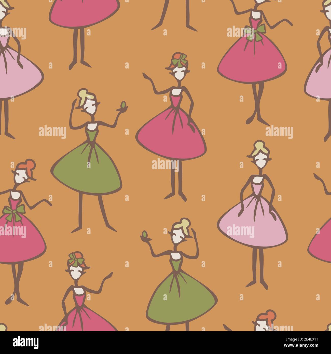 Vector seamless pattern with ladies cartoon characters. Ladies in colorful dresses in different poses. Stock Vector