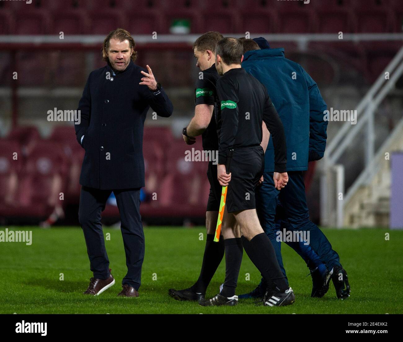Scottish Championship - Heart of Midlothian v Raith rovers. Tynecastle Park, Edinburgh, Midlothian, UK. 23rd Jan, 2021. Hearts play host to Raith Rovers in the Scottish Championship at Tynecastle Park, Edinburgh. Pic shows: Hearts' manager, Robbie Neilson, accosts the match officials after the final whistle. Credit: Ian Jacobs/Alamy Live News Stock Photo
