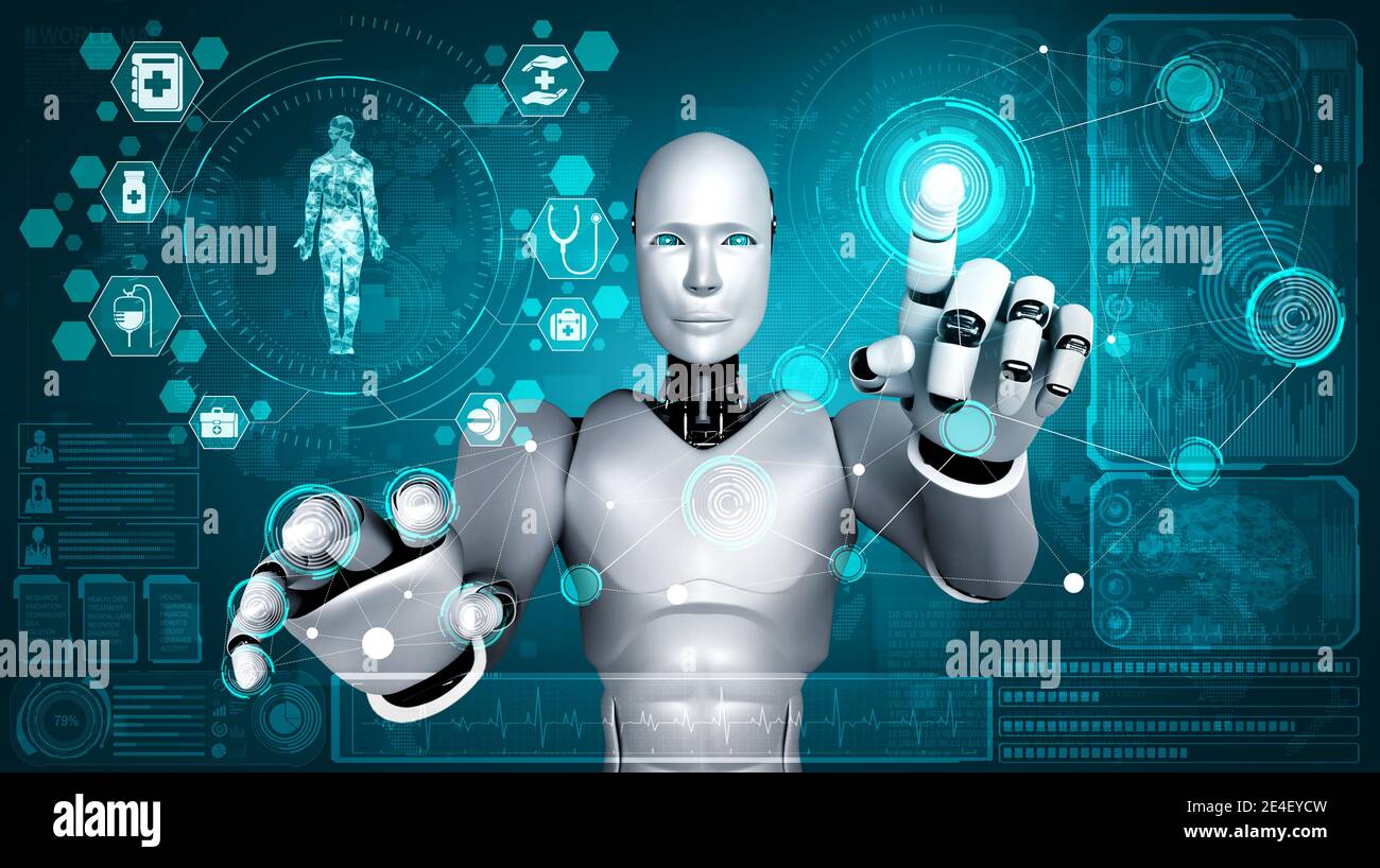 https://c8.alamy.com/comp/2E4EYCW/future-medical-technology-controlled-by-ai-robot-using-machine-learning-and-artificial-intelligence-to-analyze-people-health-and-give-advice-on-health-2E4EYCW.jpg