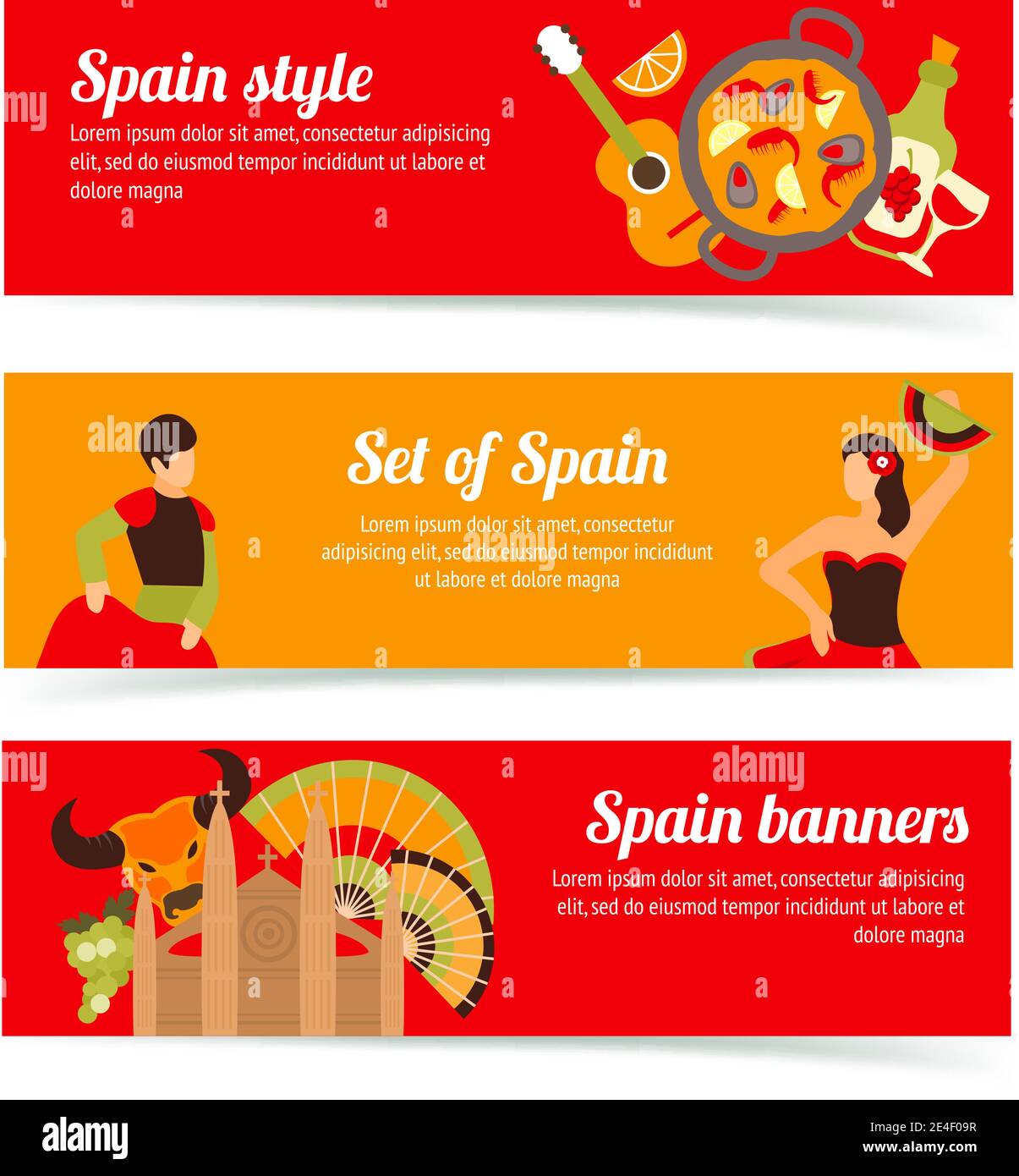 Spain travel spanish style culture wine flamenco banners set isolated