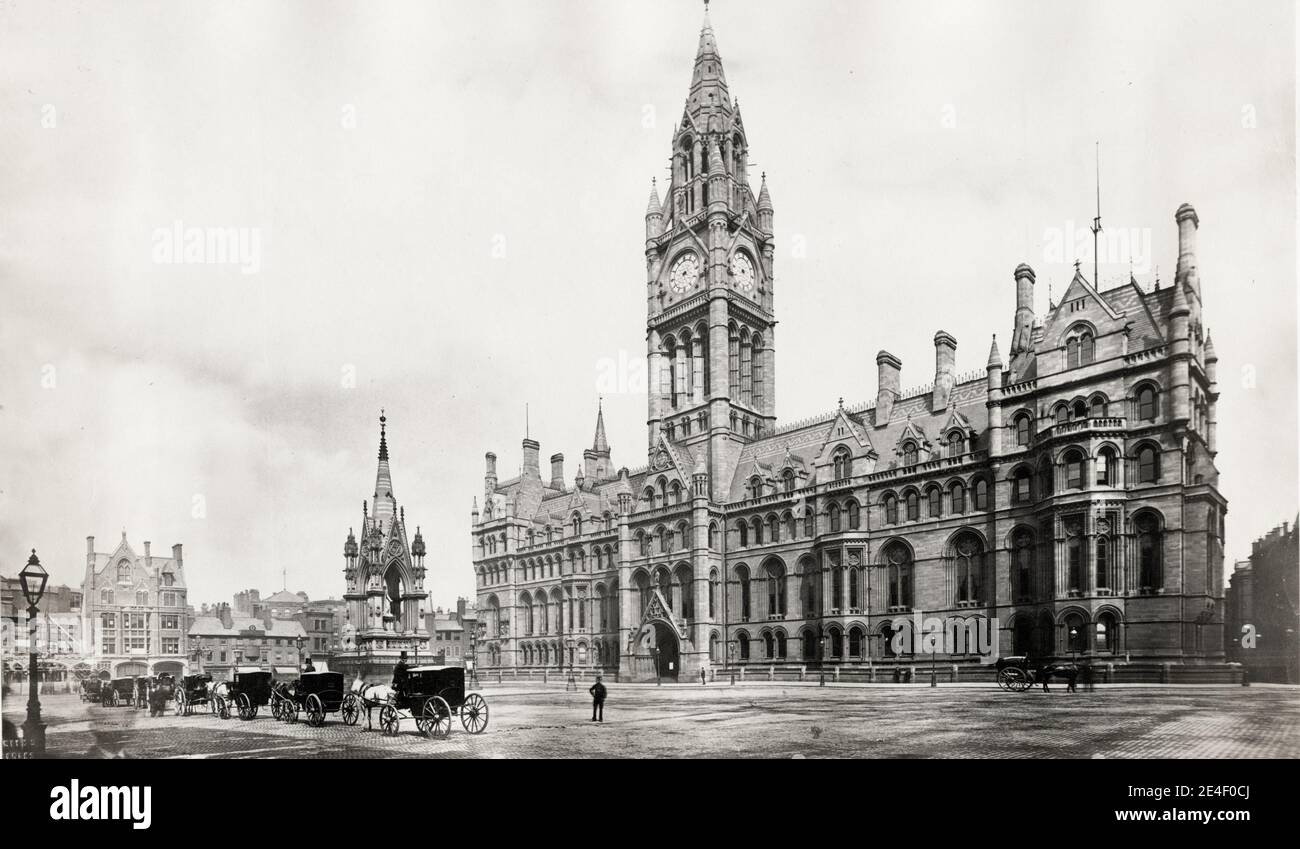 Vintage 19th century photograph: town hall, Manchester, hackney carriages and horses. Stock Photo