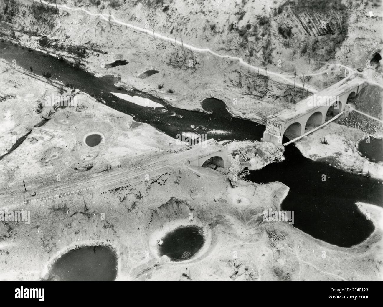 Vintage World War II photograph - official US military photo: bombed railway bridge, Arnsberg Germany. Stock Photo