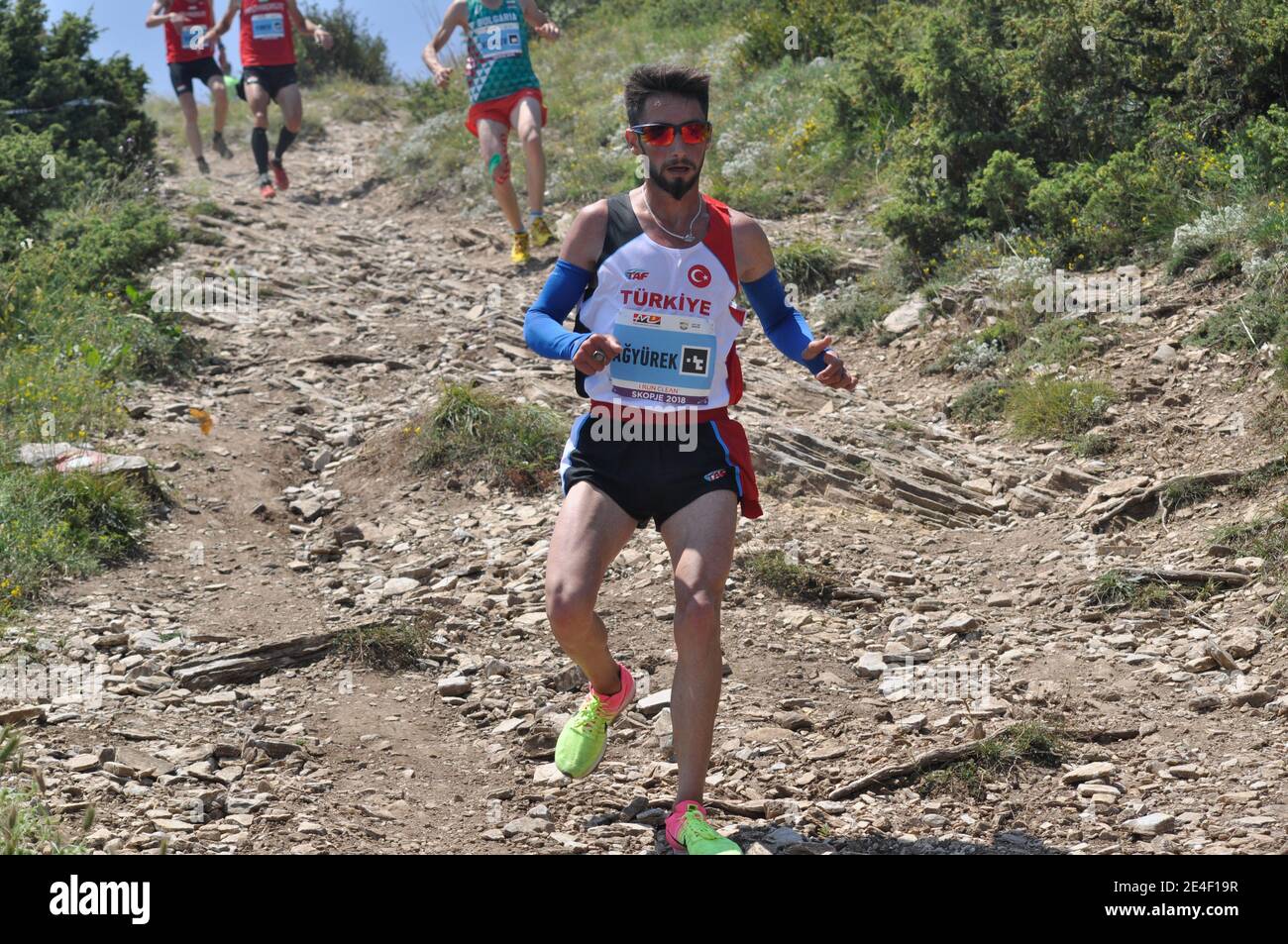 Skopje, Macedonia, July 01 2018. 17th European Mountain Running Championships - Skopje 2018. Competitors run along the tracks of Mount Vodno. Stock Photo