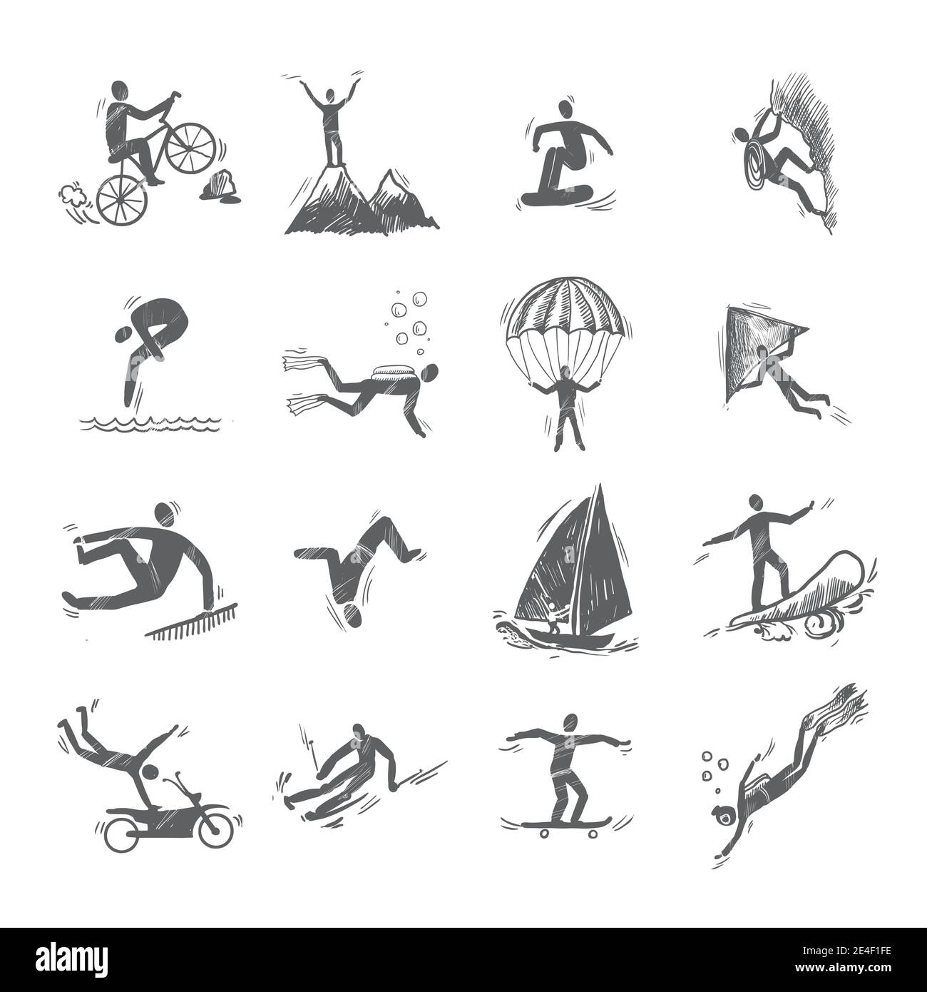 Extreme sports icons sketch of diving climbing sailing isolated doodle vector illustration Stock Vector