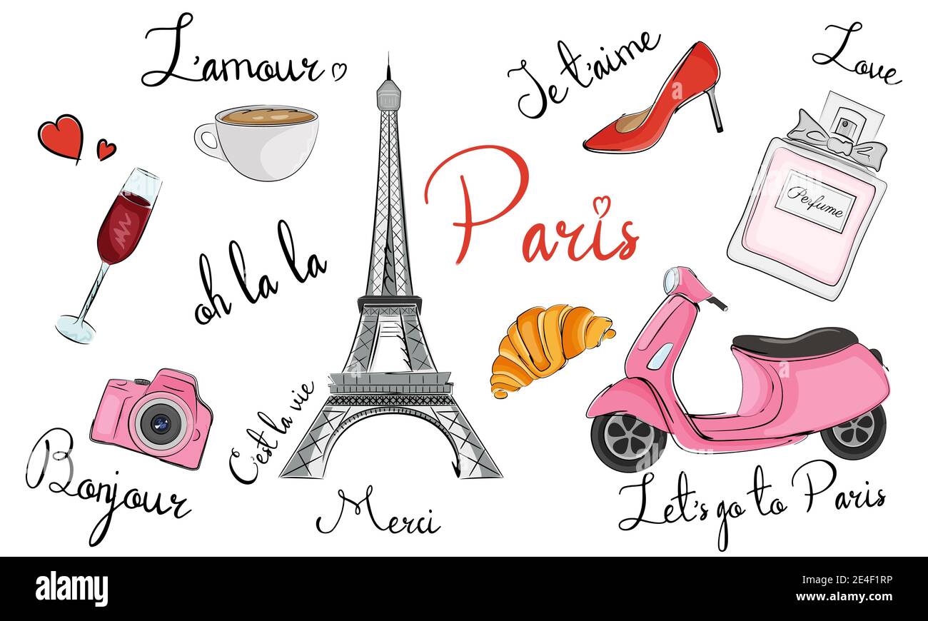 Paris hand drawn symbols, icons. France elements collection. Vector