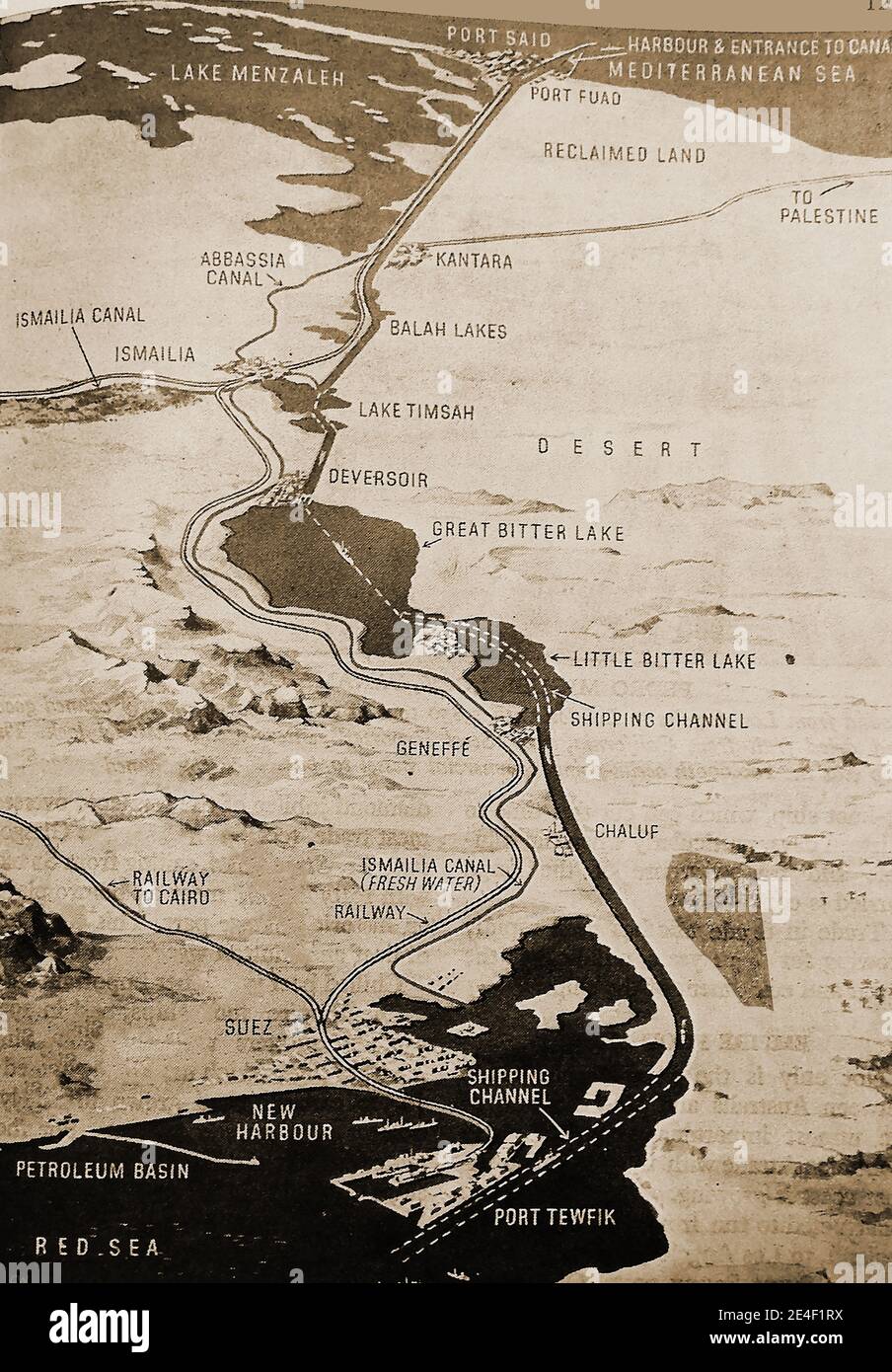 A 1940's printed pictorial map of the Suez Canal. Stock Photo