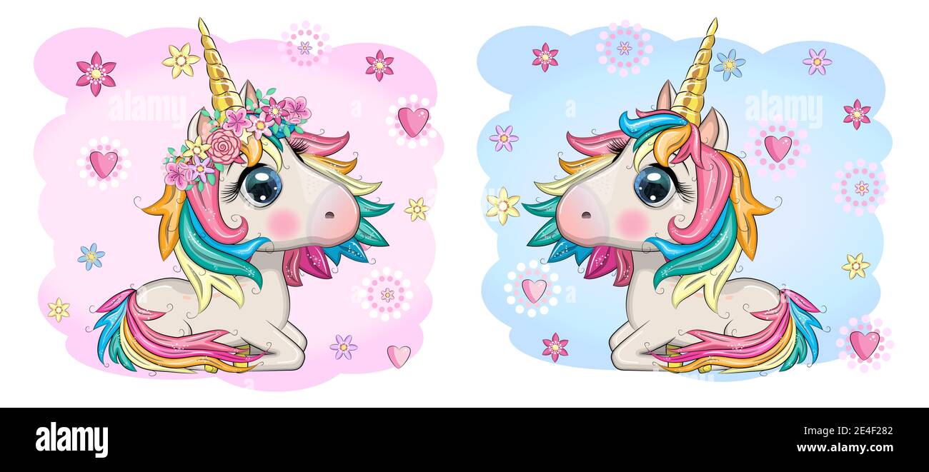 Baby Shower Greeting Card with cute Cartoon Unicorn girl and boy Stock ...
