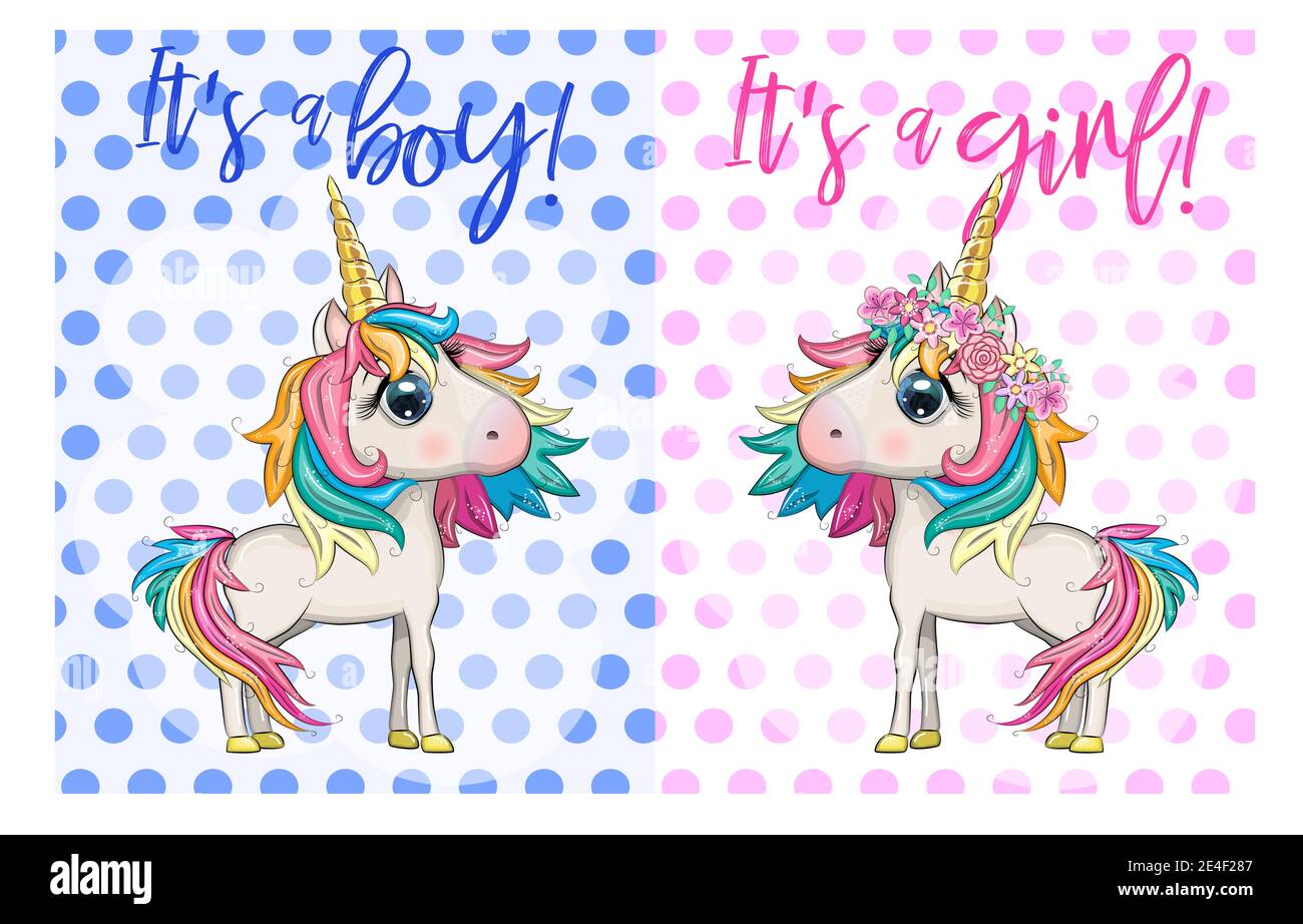 Baby Shower Greeting Card with cute Cartoon Unicorn girl and boy Stock ...