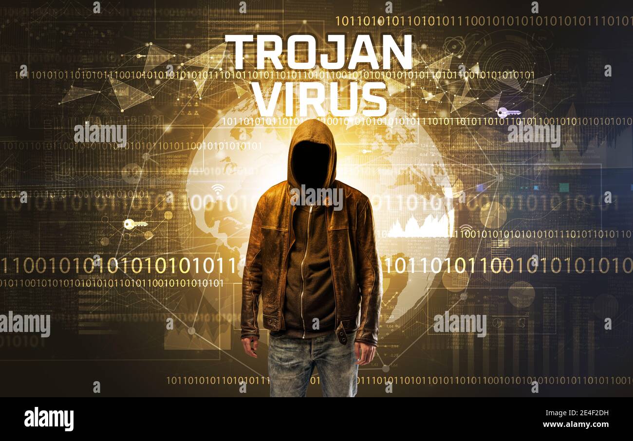 Faceless hacker at work with TROJAN VIRUS inscription, Computer ...