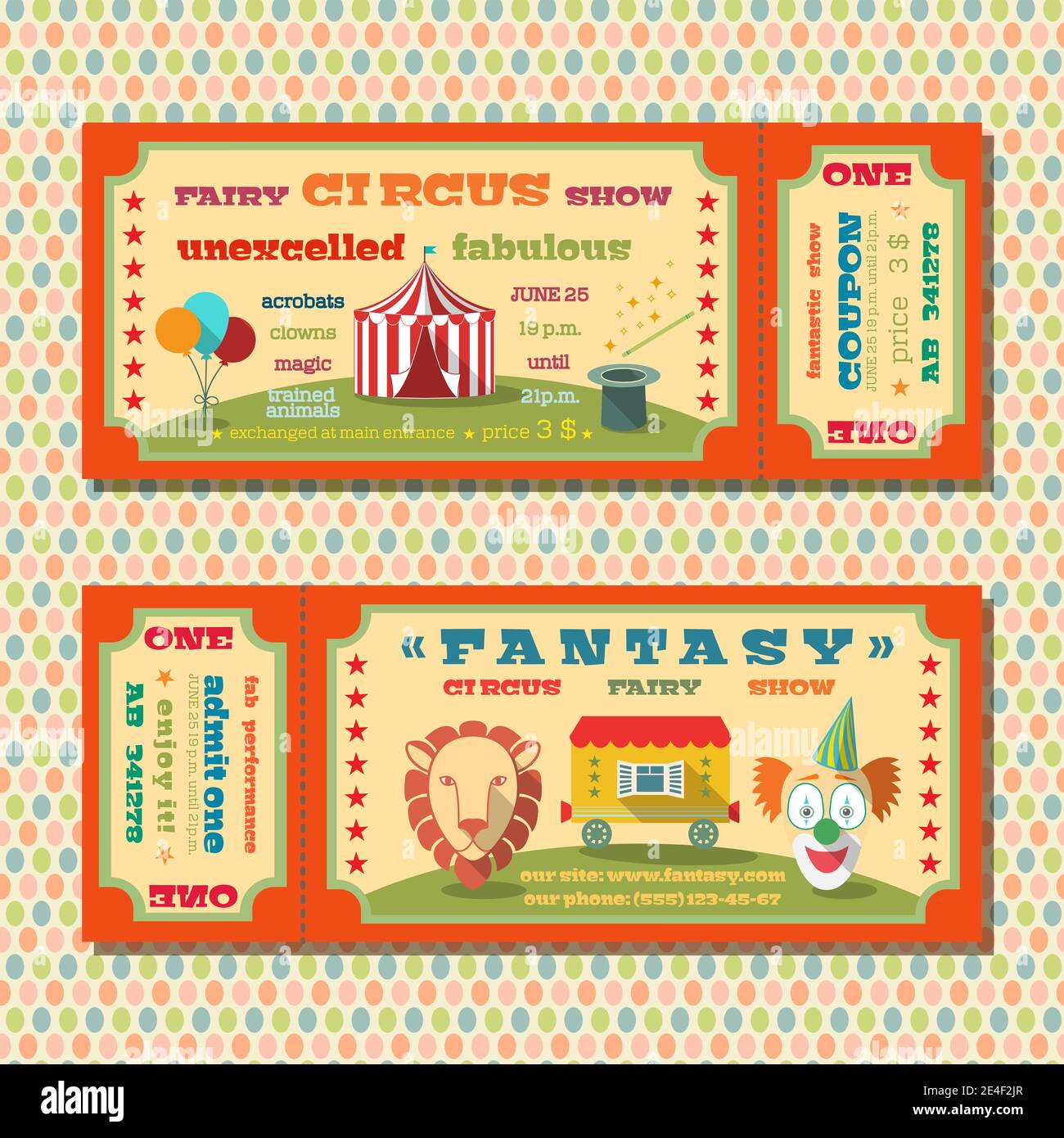 Two vintage circus fairy show tent tickets templates with clown and exotic  animals vector illustration Stock Vector Image \u0026 Art - Alamy, image size:1300x1390