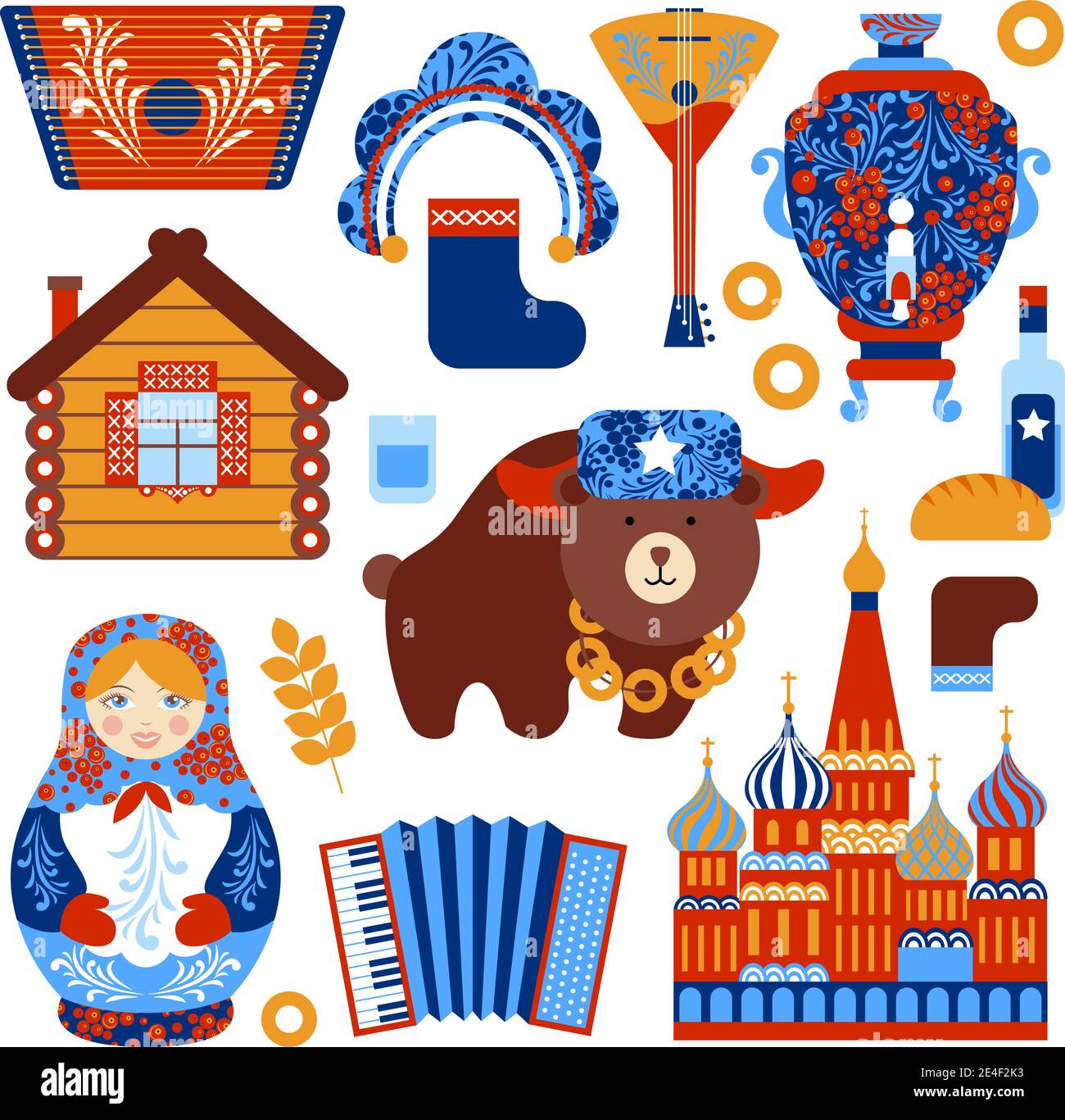 Russia travel set with vintage national elements icons set isolated vector illustration Stock Vector