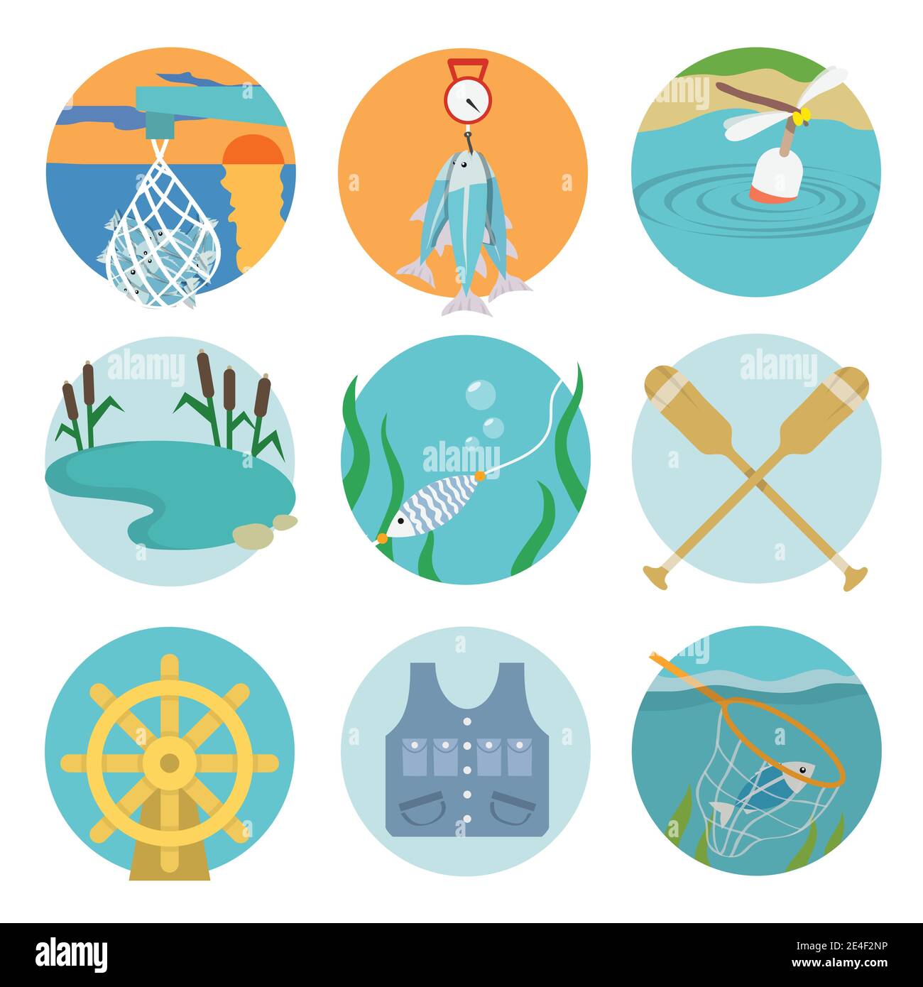 Set of lake paddles catch icons in flat style on color circles vector ...