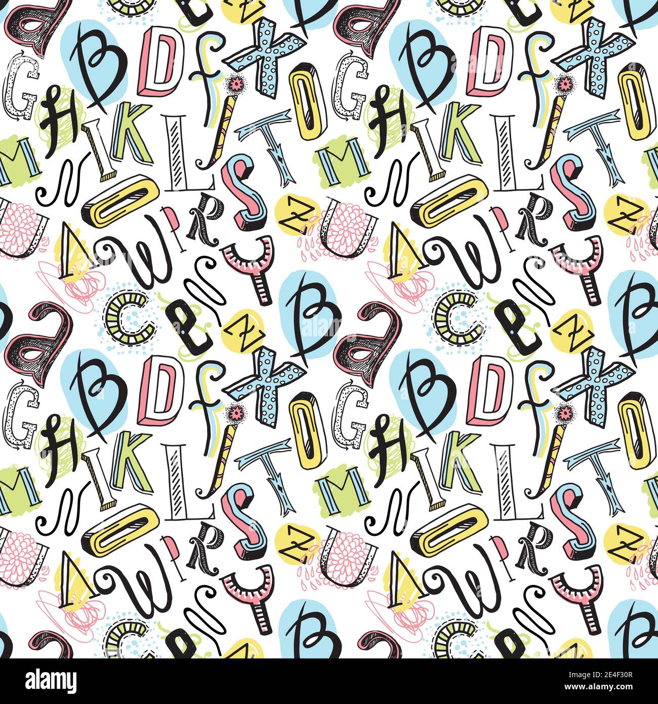 Sketch hand drawn doodle colored alphabet letters seamless pattern ...