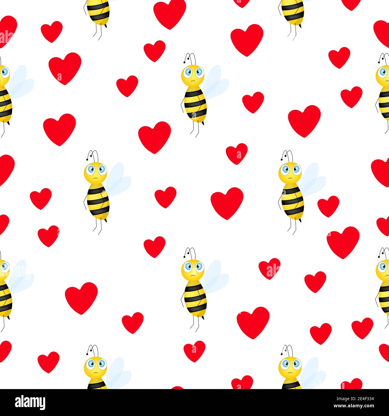 Seamless pattern with bees and hearts on white background. Small wasp ...