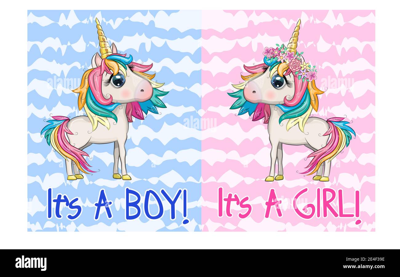 Baby Shower Greeting Card with cute Cartoon Unicorn girl and boy Stock ...
